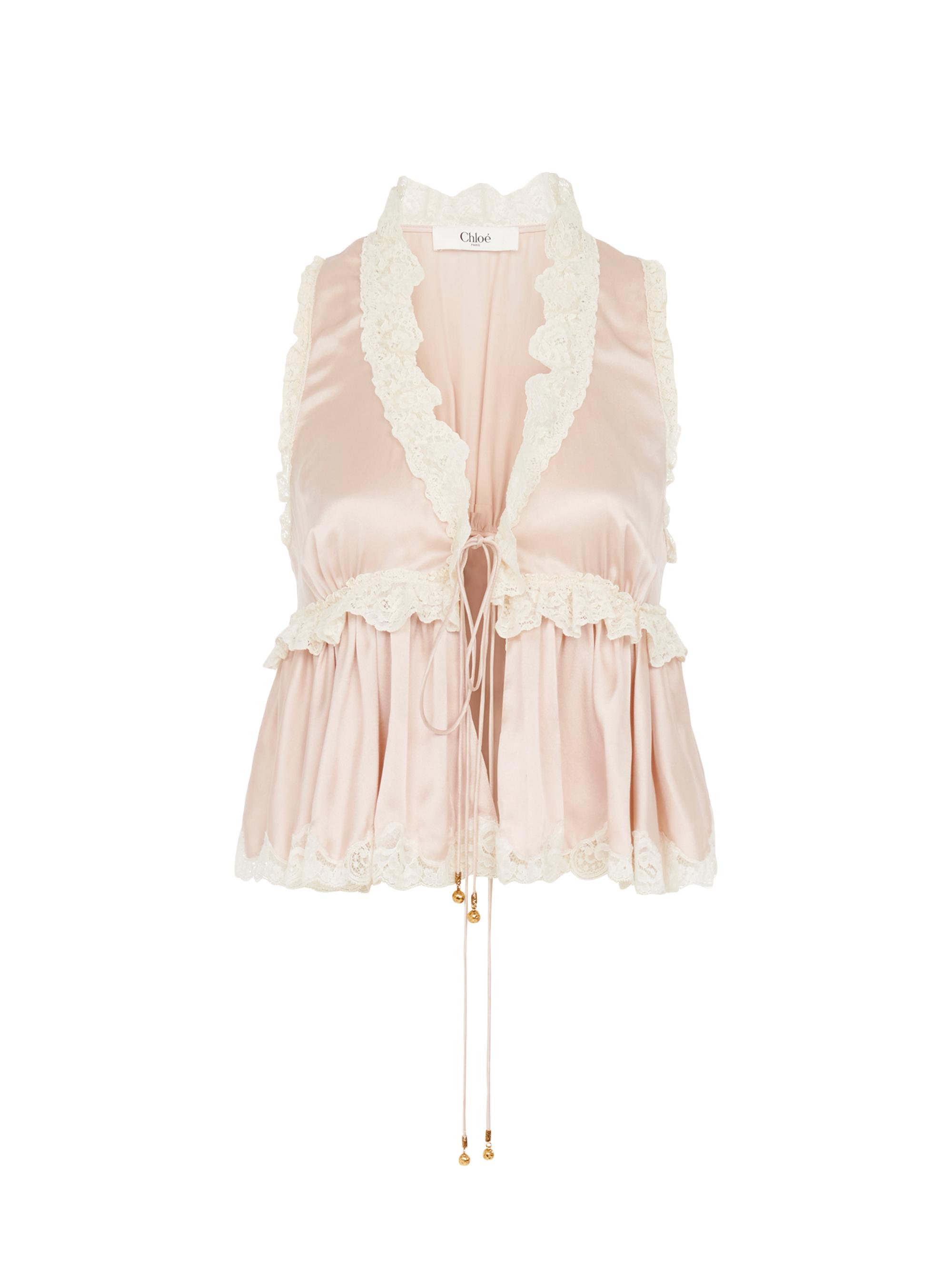 Chloé Women's Satin Silk Lace-Trimmed Tie Top - Rose Dust