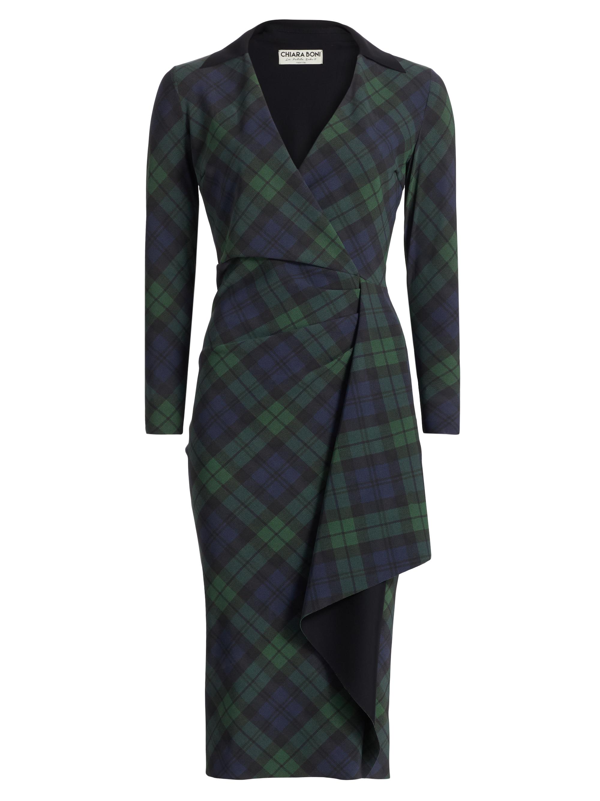 Chiara Boni La Petite Robe Women's Nevena Plaid Draped Surplice Midi-Dress - Holiday Tartan Green Nero