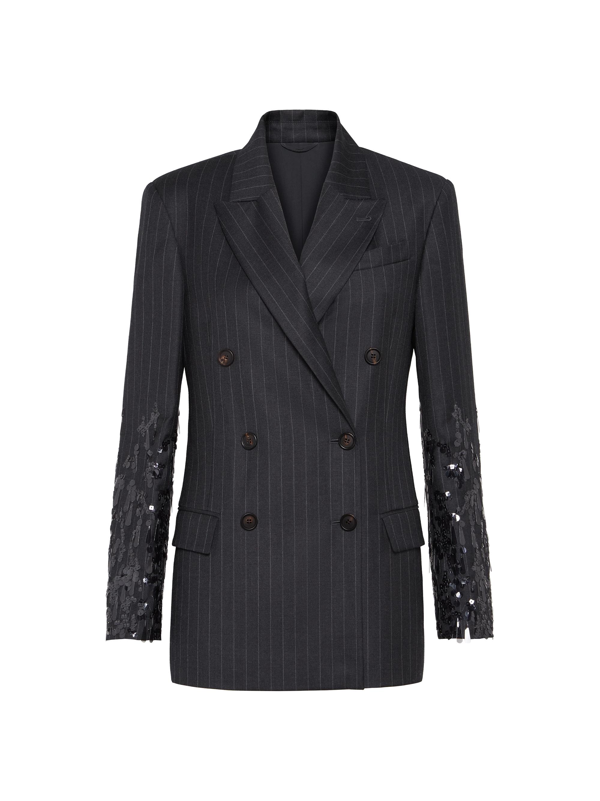 Brunello Cucinelli Women's Virgin Wool Chalk Stripe Twill Blazer with Swing Drops Embroidery and Monili - Lignite