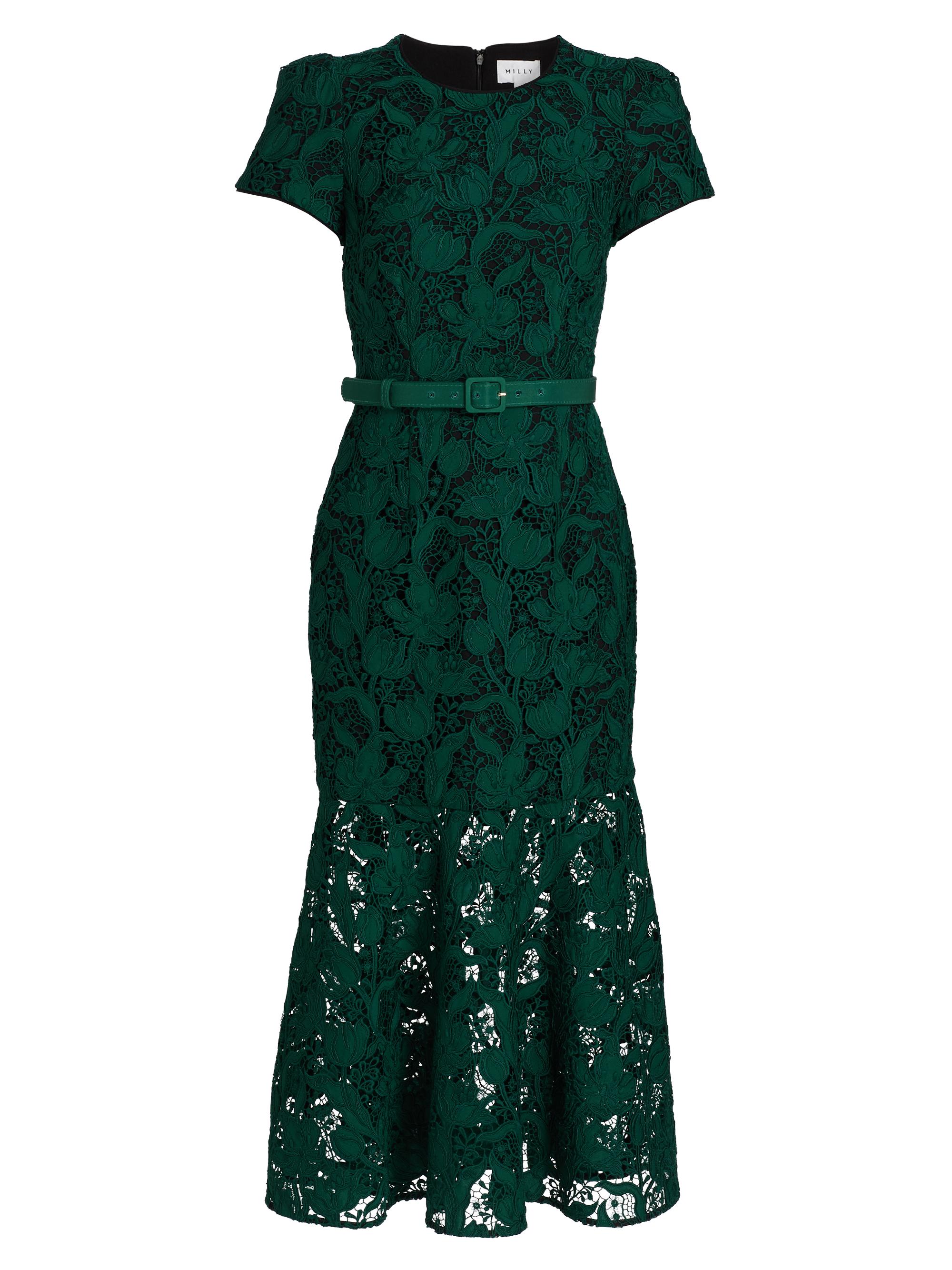 Milly Women's Tahlia Tulip Garden Lace Midi-Dress - Dark Green