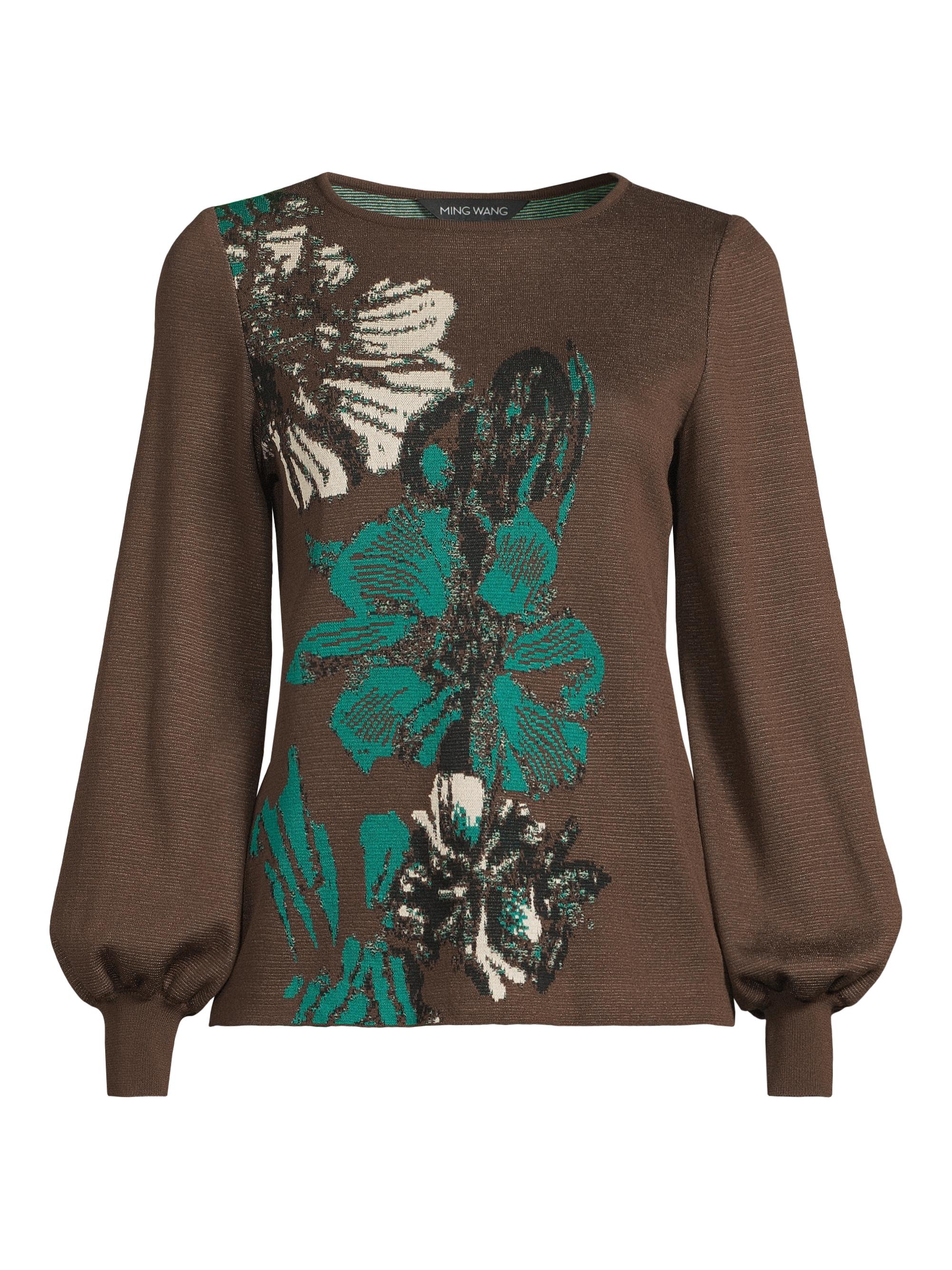 Ming Wang Women's Missy Floral Jacquard Sweater - Dark Umber Everest Black