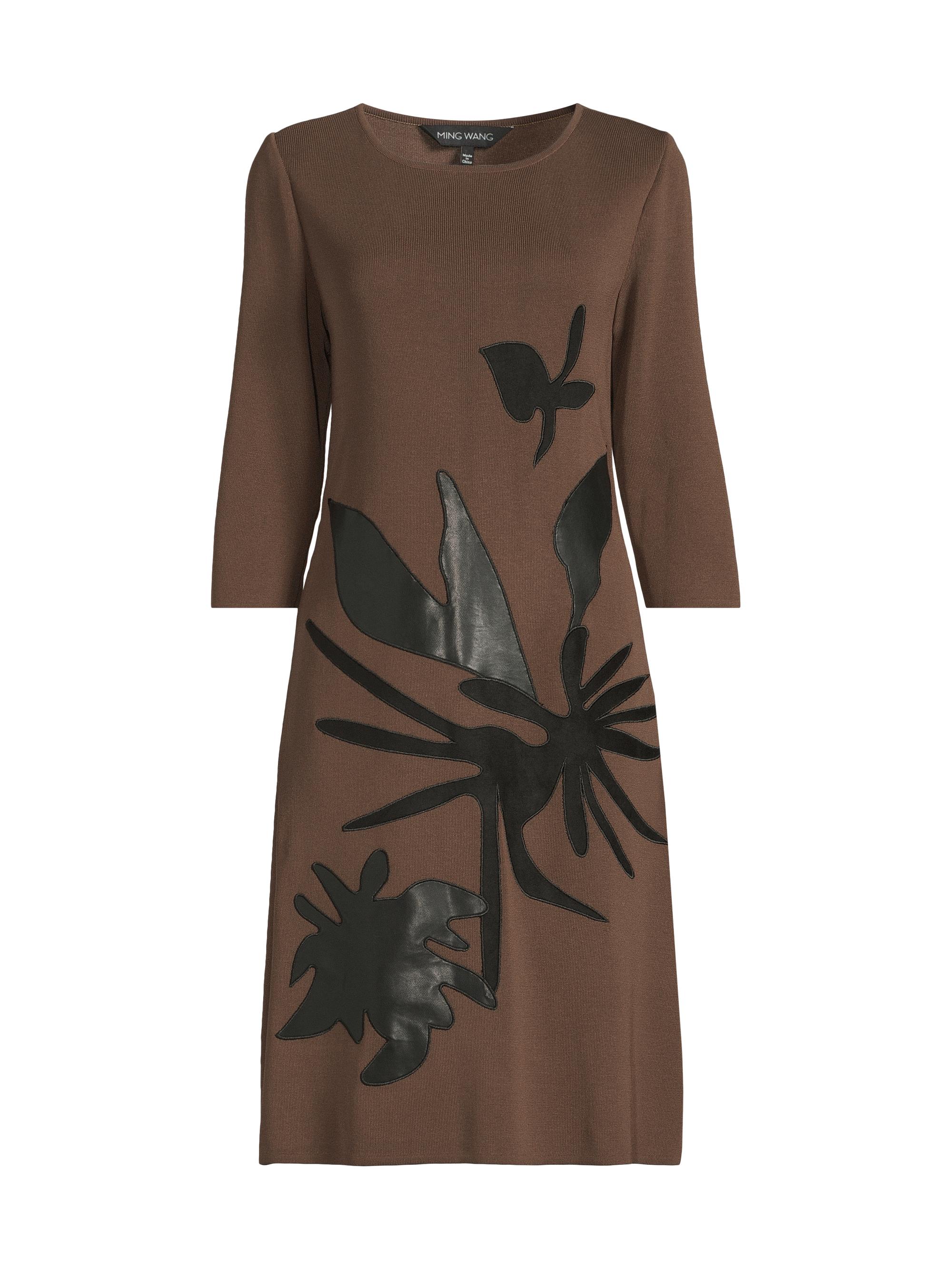 Ming Wang Women's Missy Faux-Leather Appliqué Knit Knee-Length Dress - Dark Umber Black
