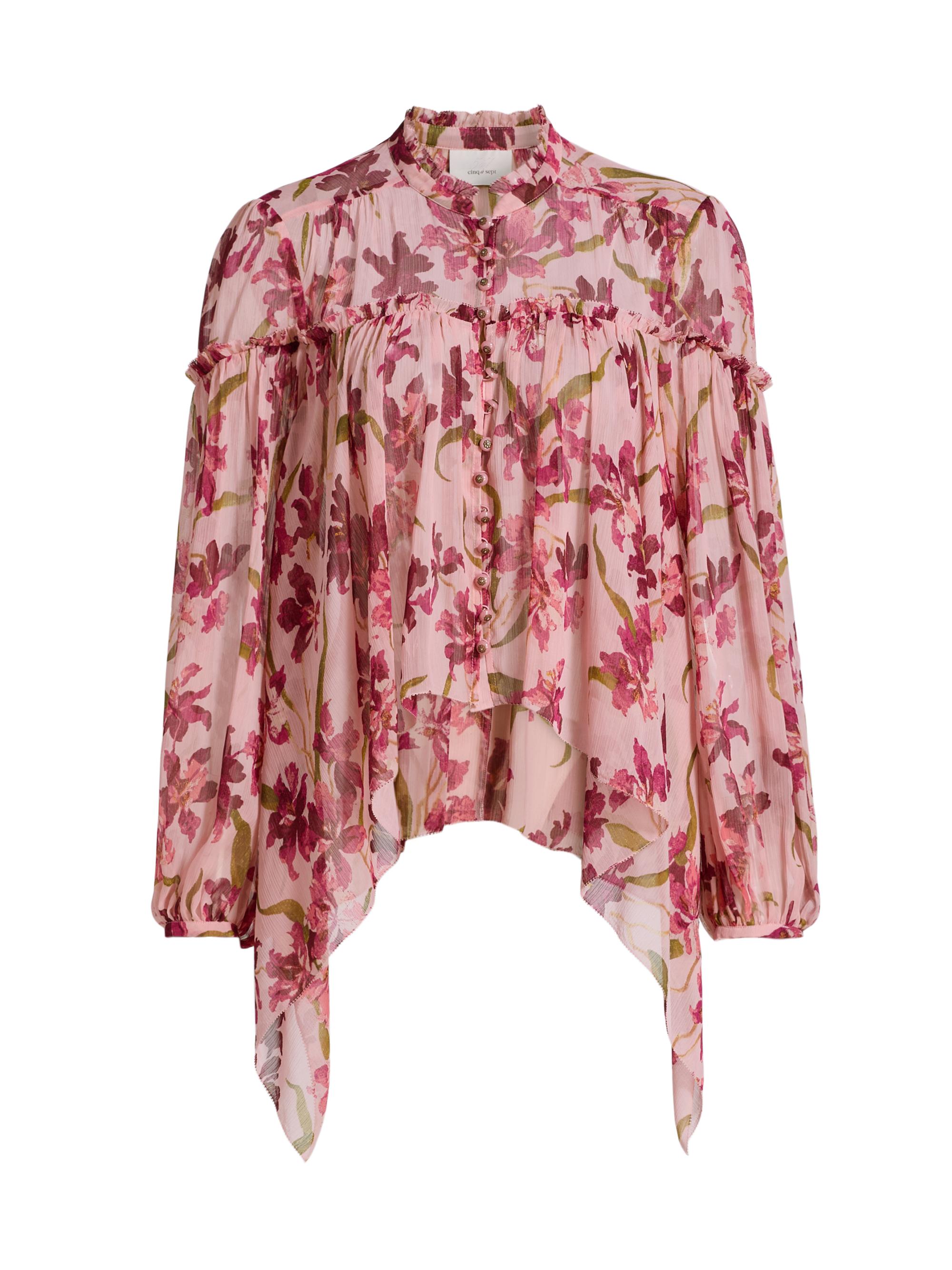 Cinq à Sept Women's Danny Trailing Hibiscus Ruffled High-Low Top - Blush Petal Multi