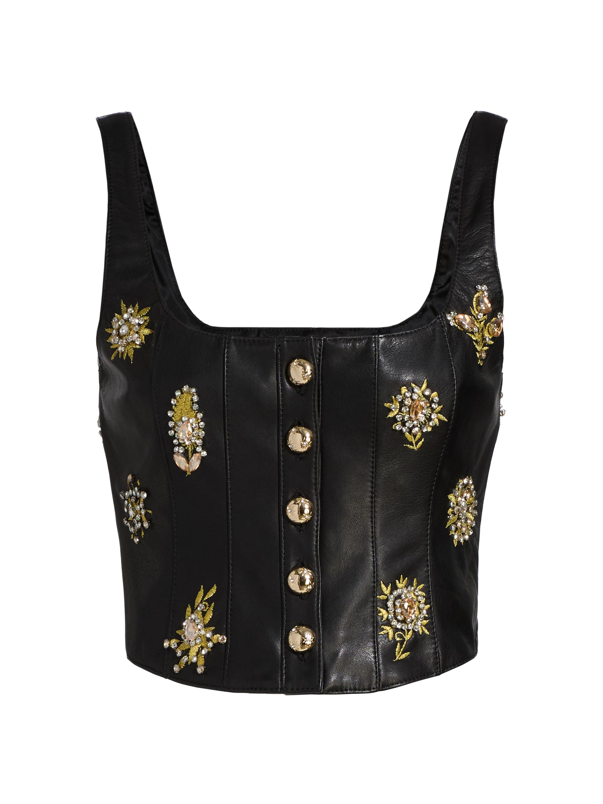 CINQ A SEPT Women's Leila Crystal-Embellished Embroidered Leather Top - Black