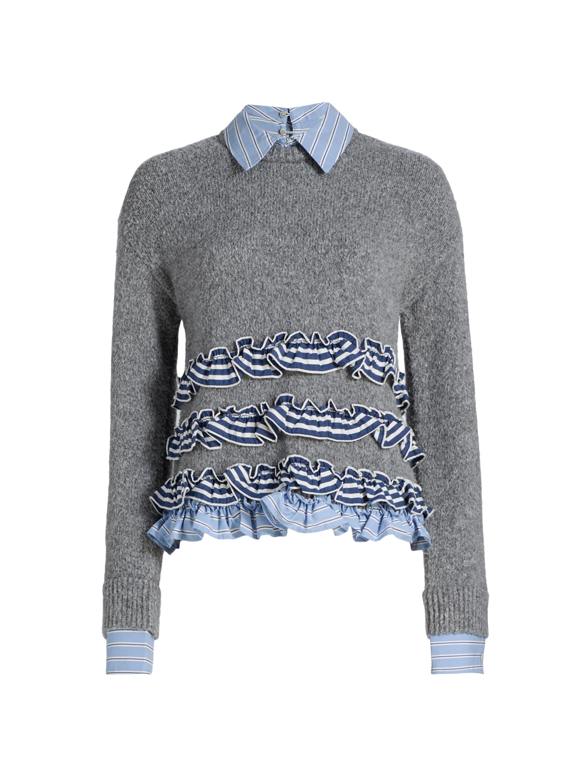 CINQ A SEPT Women's Leina Ruffled Shirt Sweater - Heather Grey Cloud Stripe