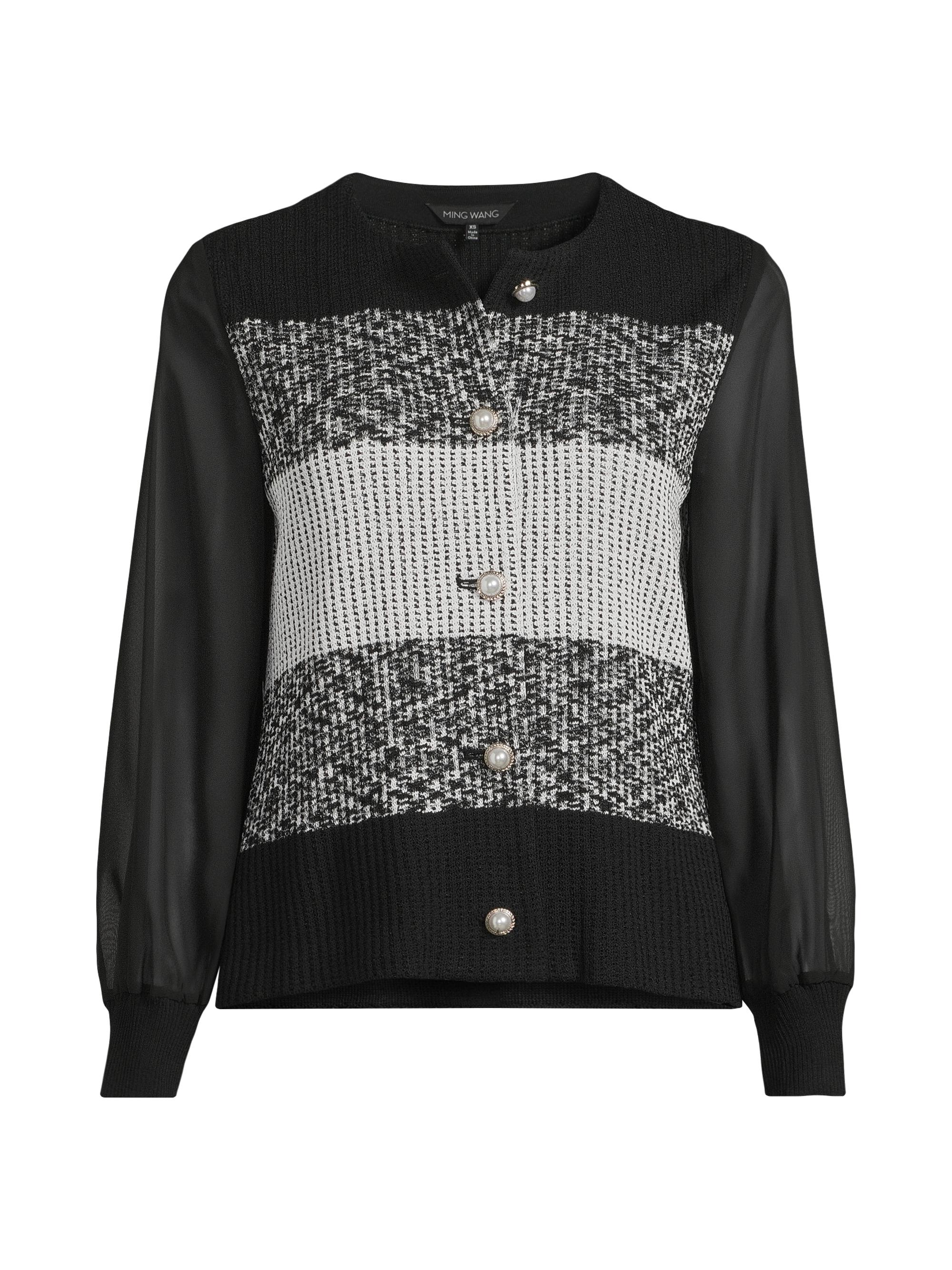 Ming Wang Women's Missy Striped Knit Cardigan - Black White
