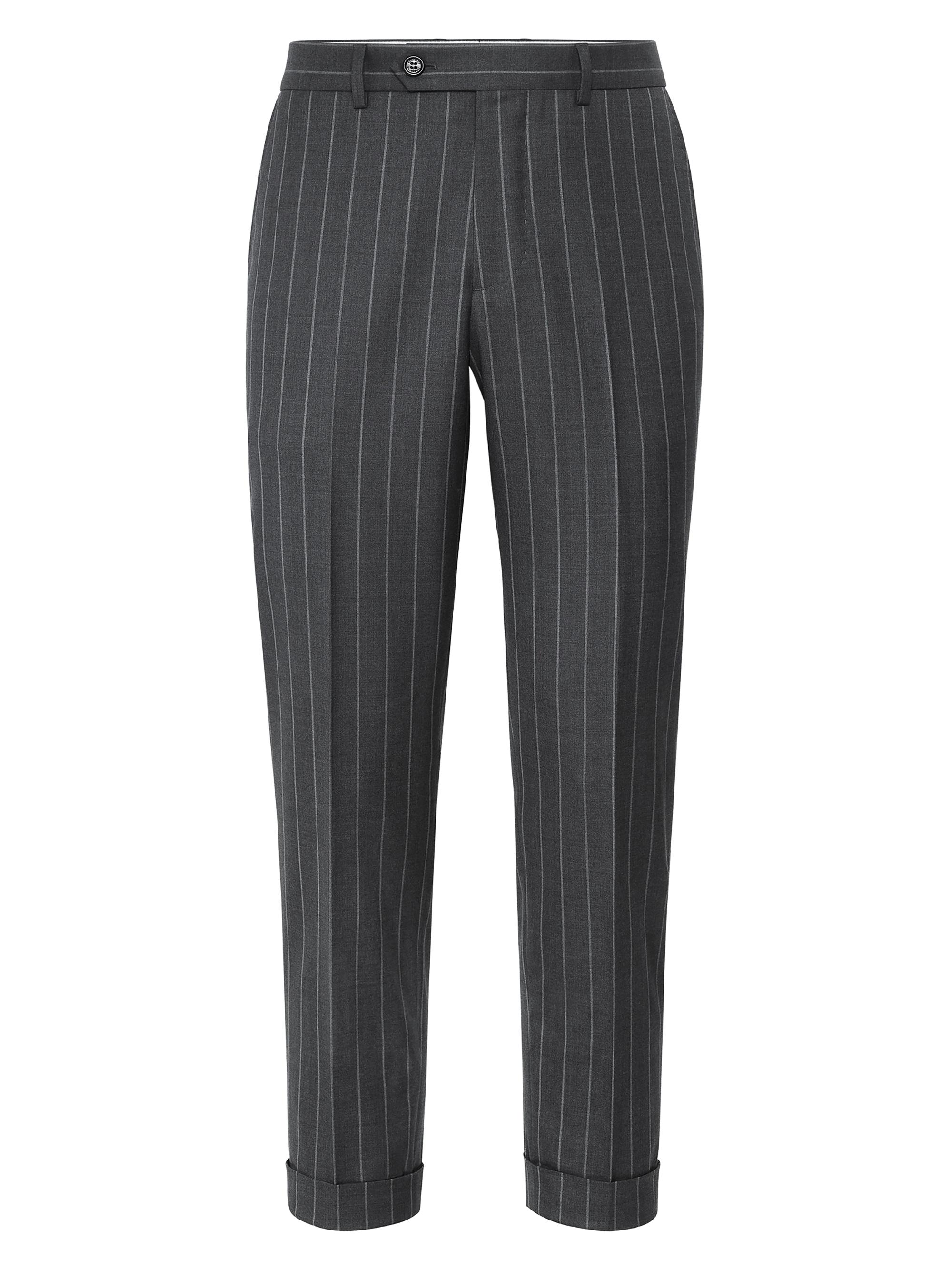 Brunello Cucinelli Men's Super 150s Virgin Wool Wide Chalk Stripe Batavia Formal Fit Trousers - Grey