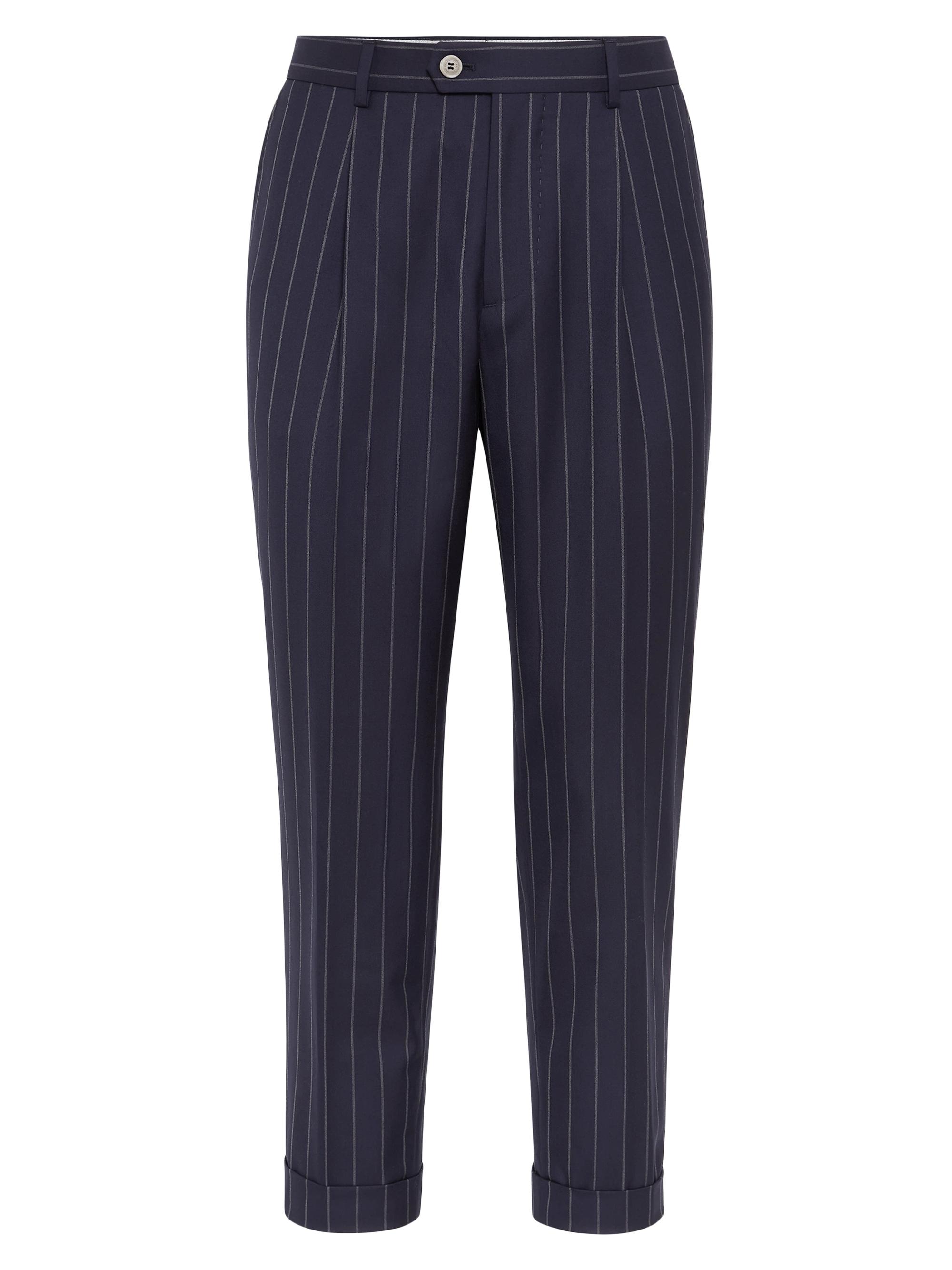 Brunello Cucinelli Men's Leisure Fit Trousers in Super 150s Virgin Wool with Pleat - Blue