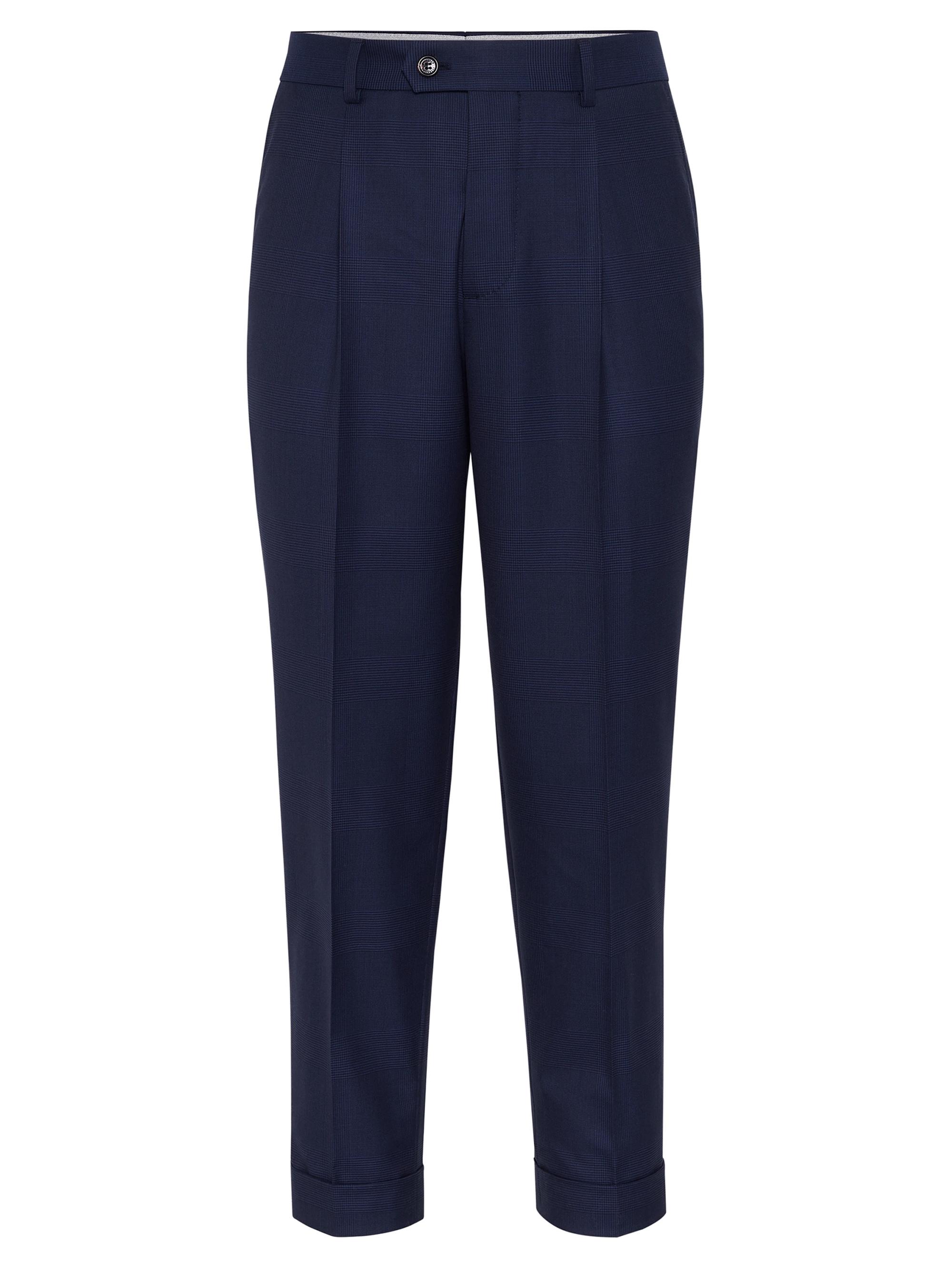 Brunello Cucinelli Men's Virgin Wool Prince of Wales Leisure Fit Trousers with Pleat - Blue