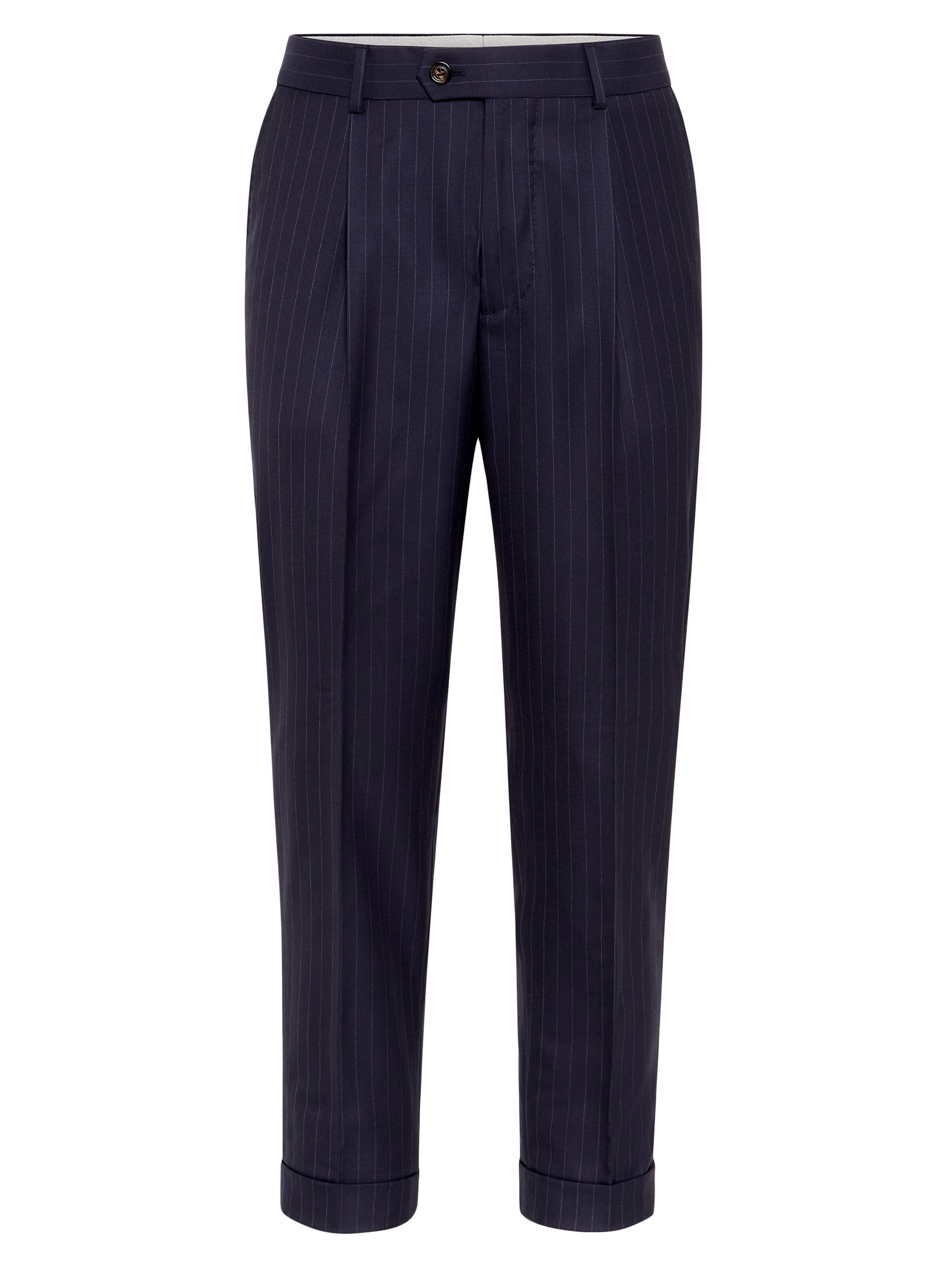 Brunello Cucinelli Men's Virgin Wool Chalk Stripe Batavia Leisure Fit Trousers With Pleat - Navy Blue
