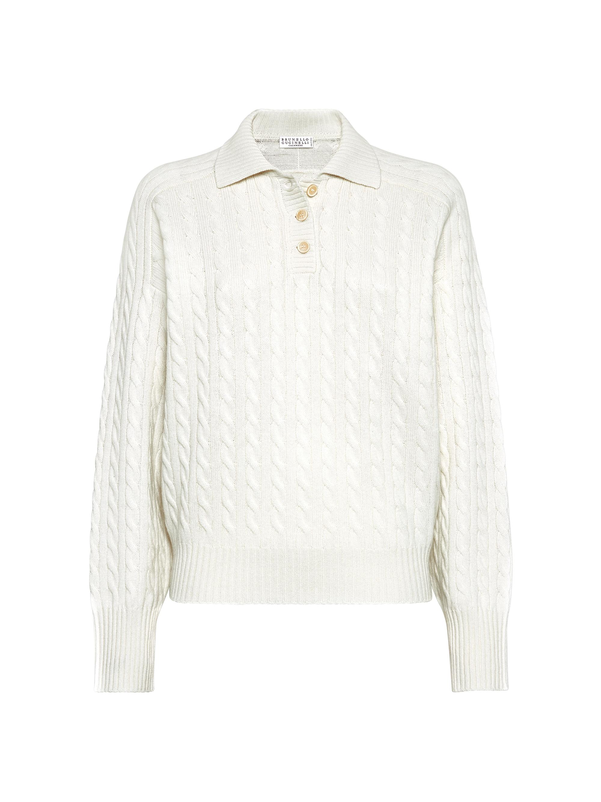Brunello Cucinelli Women's Cashmere Cable Knit Polo Style Sweater with Monili - Panama