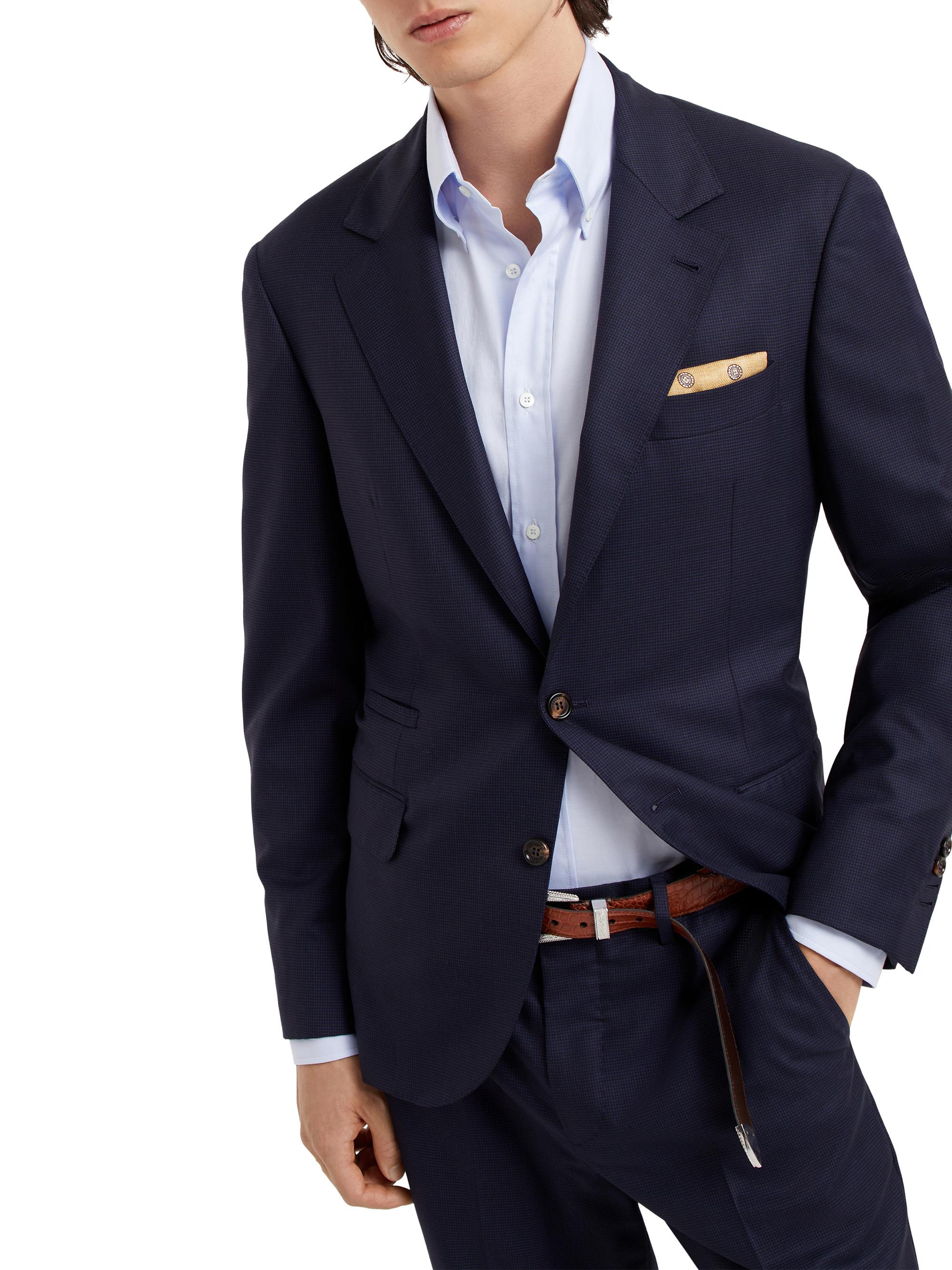 Brunello Cucinelli Men's Virgin Wool Houndstooth Blazer Jacket - Navy Blue