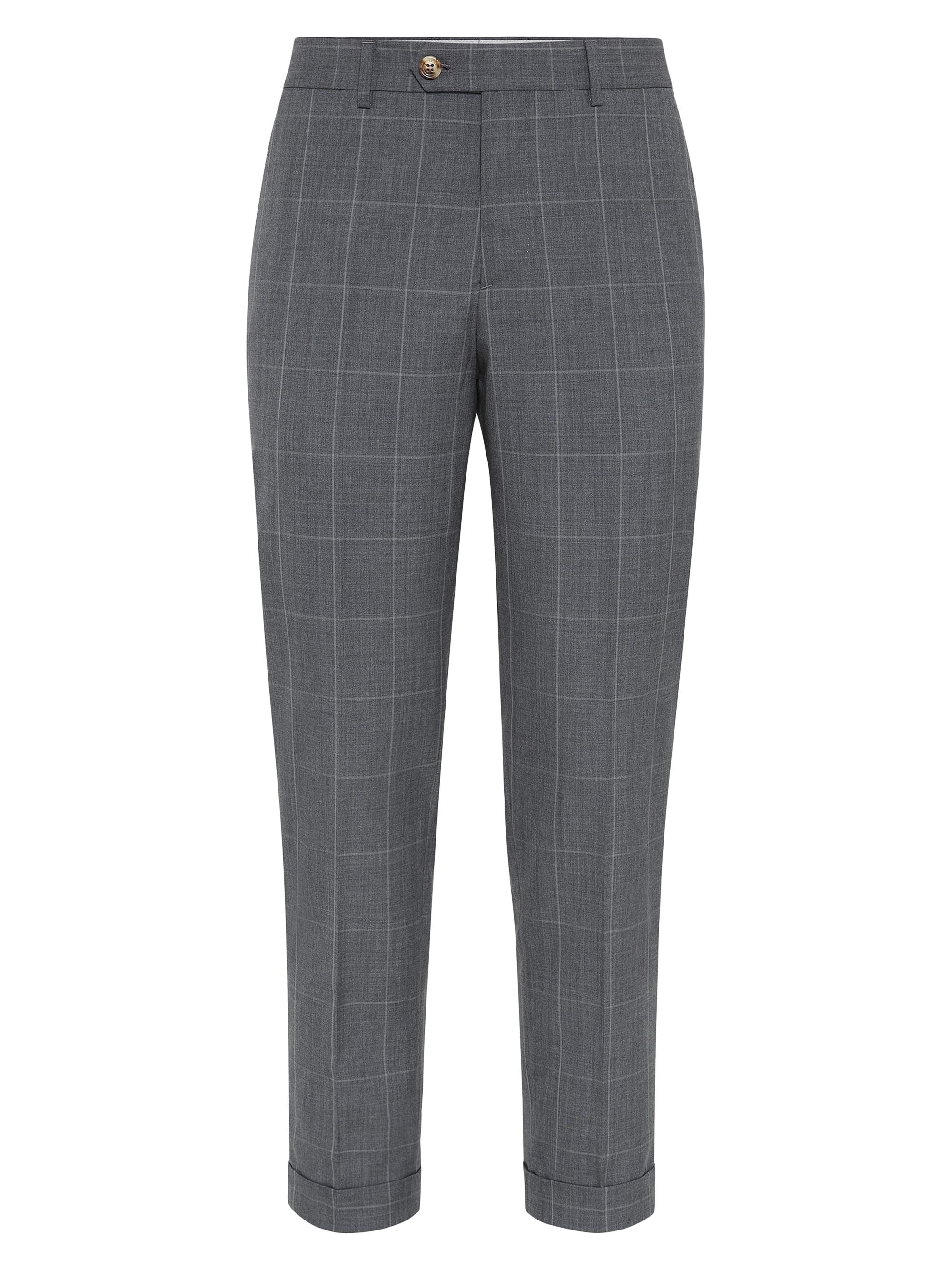 Brunello Cucinelli Men's Super 120s Virgin Wool Overcheck Formal Fit Trousers - Grey