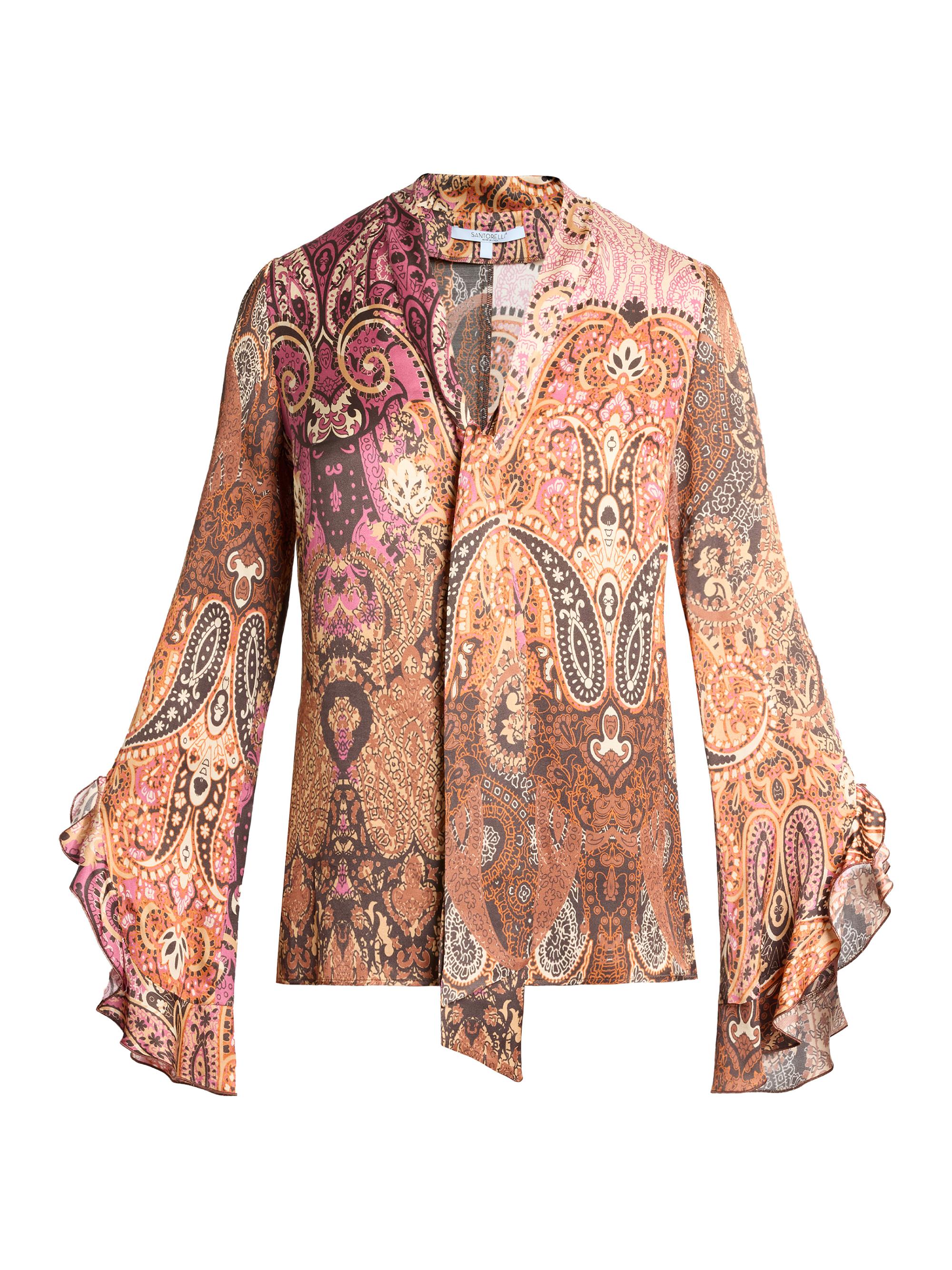 Santorelli Women's Paisley Tieneck Bell-Sleeve Blouse - Chestnut Multi