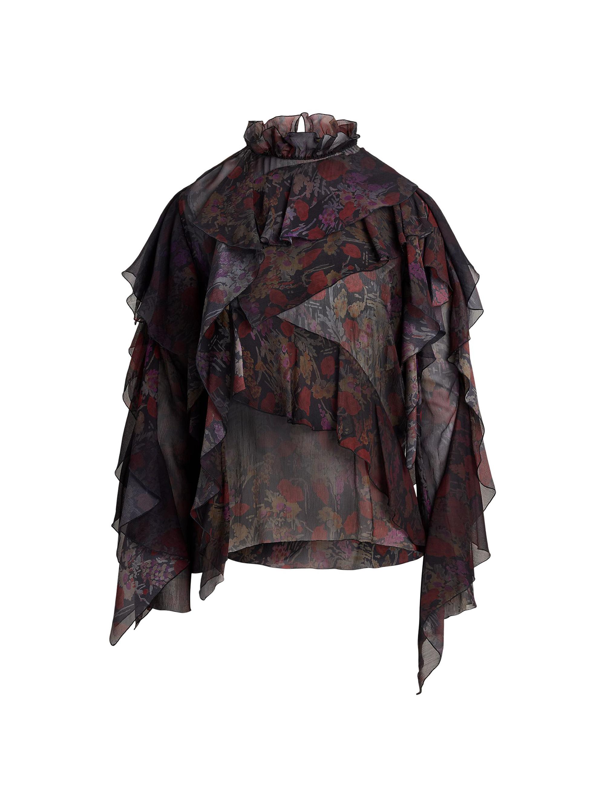Ralph Lauren Collection Women's Ilene Floral Silk Ruffled Blouse - Black Crimson Multi