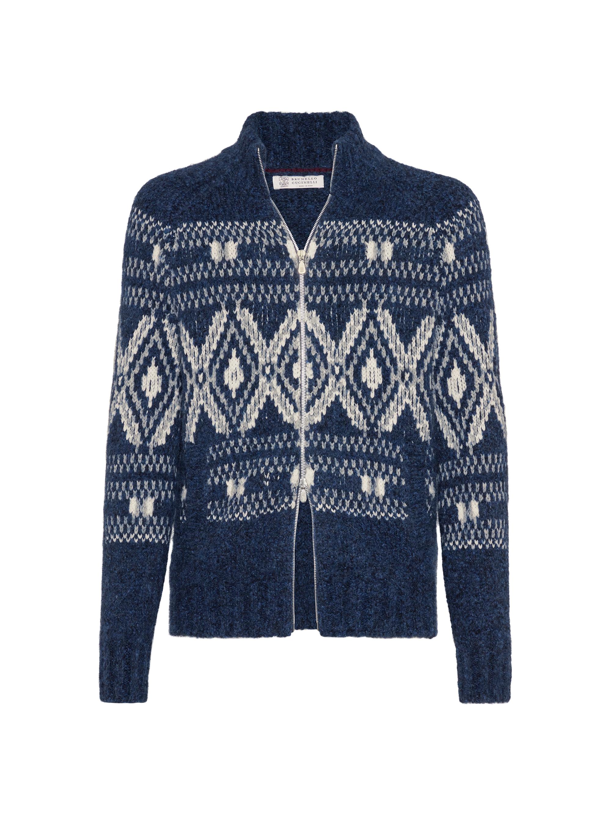 Brunello Cucinelli Men's Geometric Jacquard Cardigan with Zipper - Navy Blue