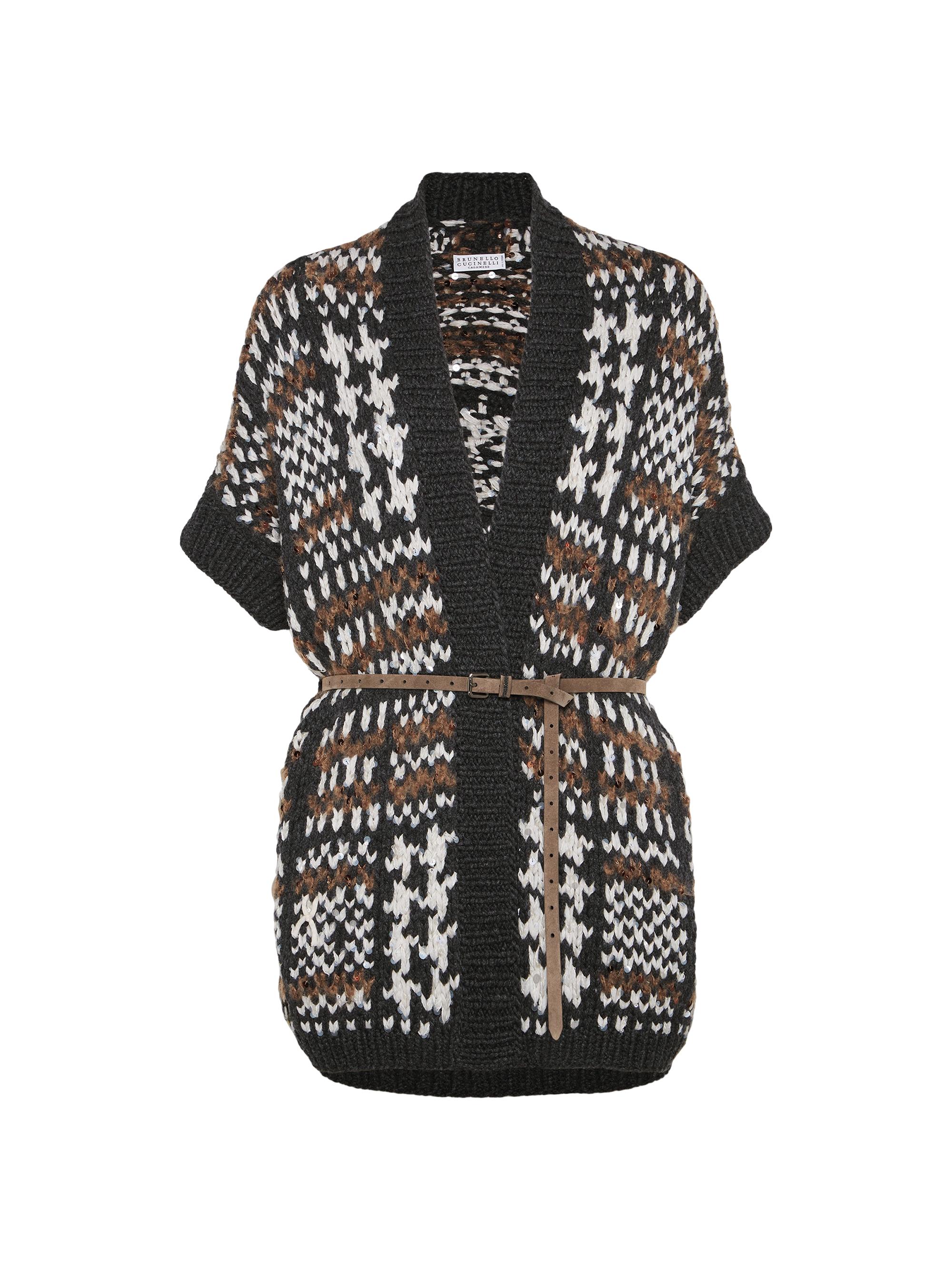 Brunello Cucinelli Women's Handmade Prince of Wales Opera Cardigan in Cashmere Cotton and Alpaca with Belt - Grey