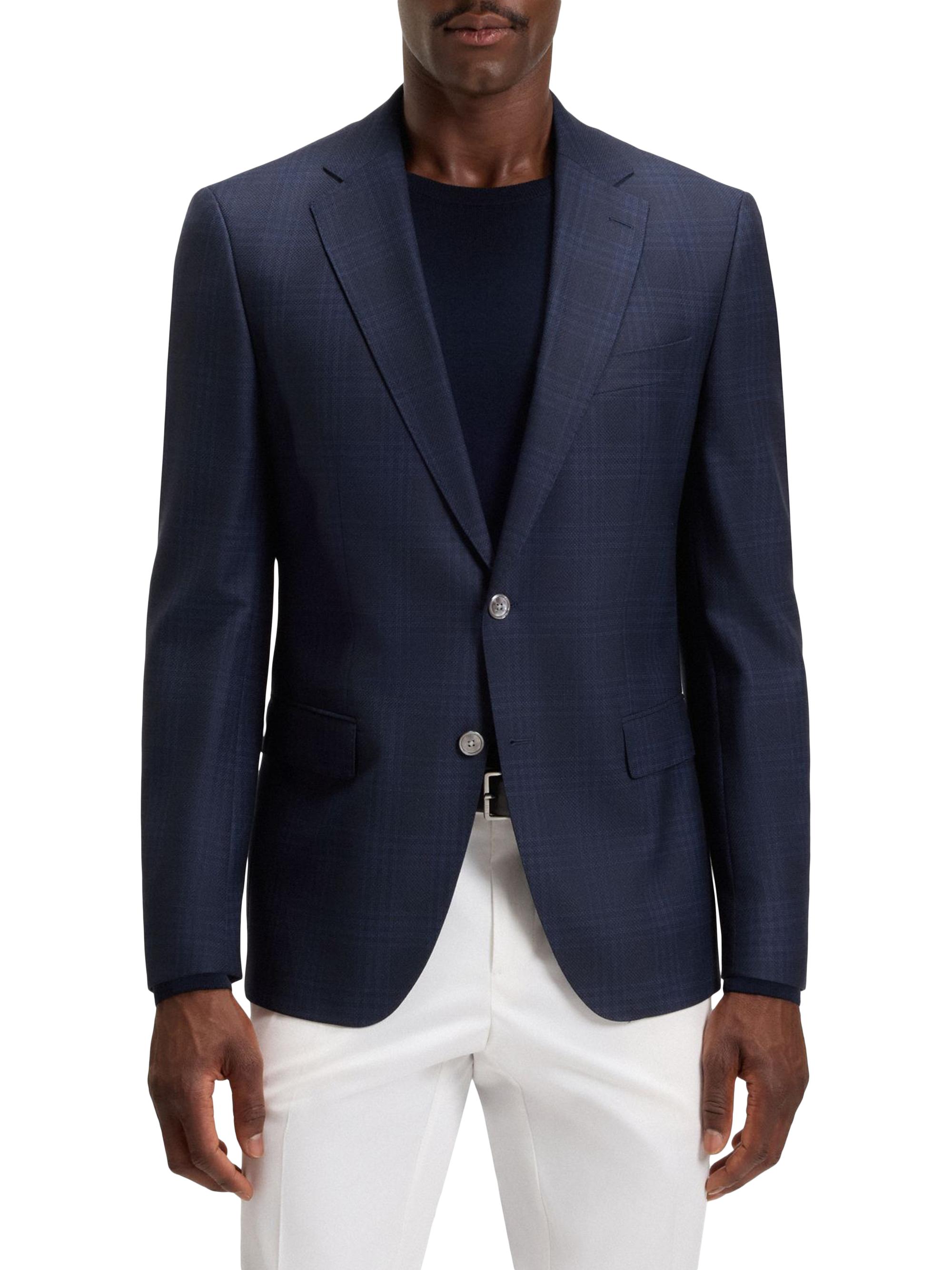 BOSS Men's Slim-Fit Blazer in Checked Wool - Dark Blue