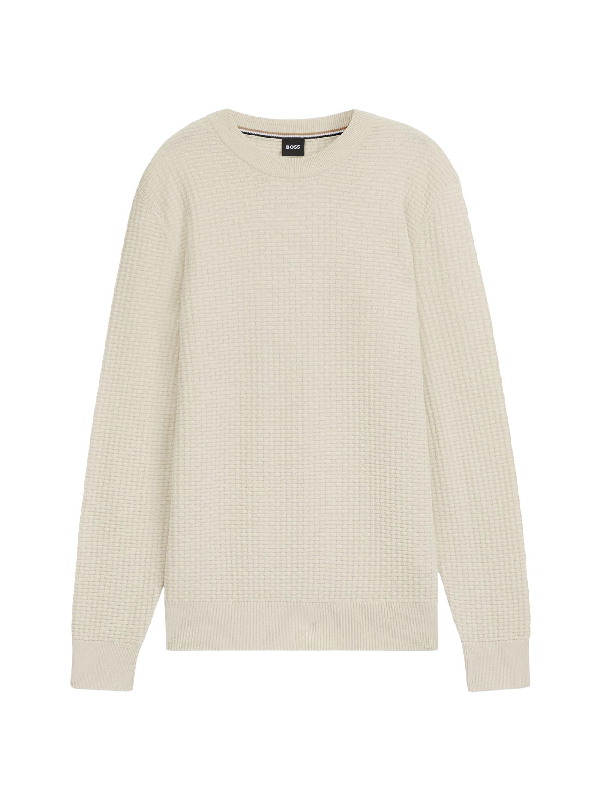 BOSS Men's Cotton Sweater with Mixed Structures - Open White