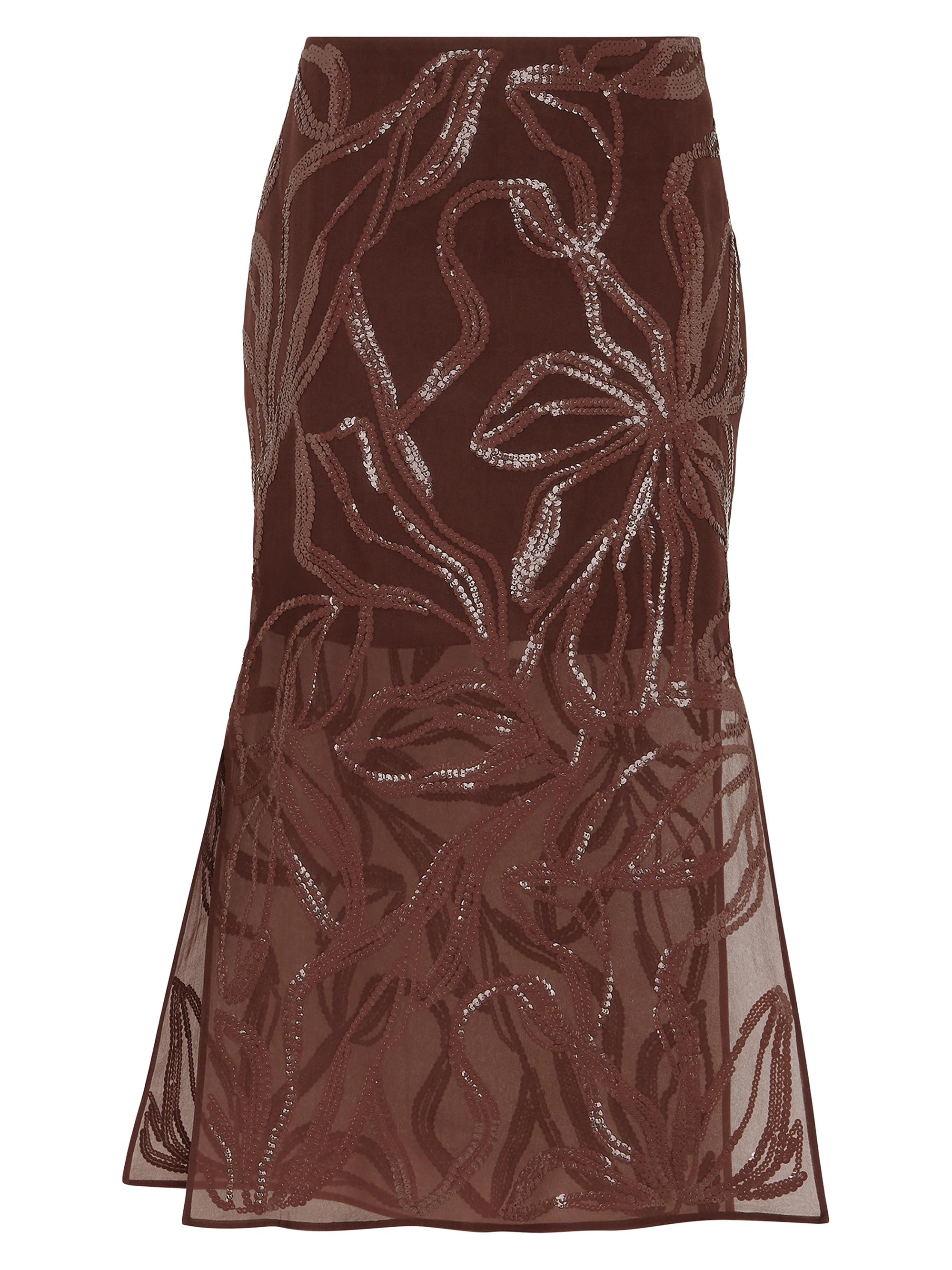 Brunello Cucinelli Women's Crispy Silk Couture Column Skirt with Dazzling Floral Embroidery - Brown
