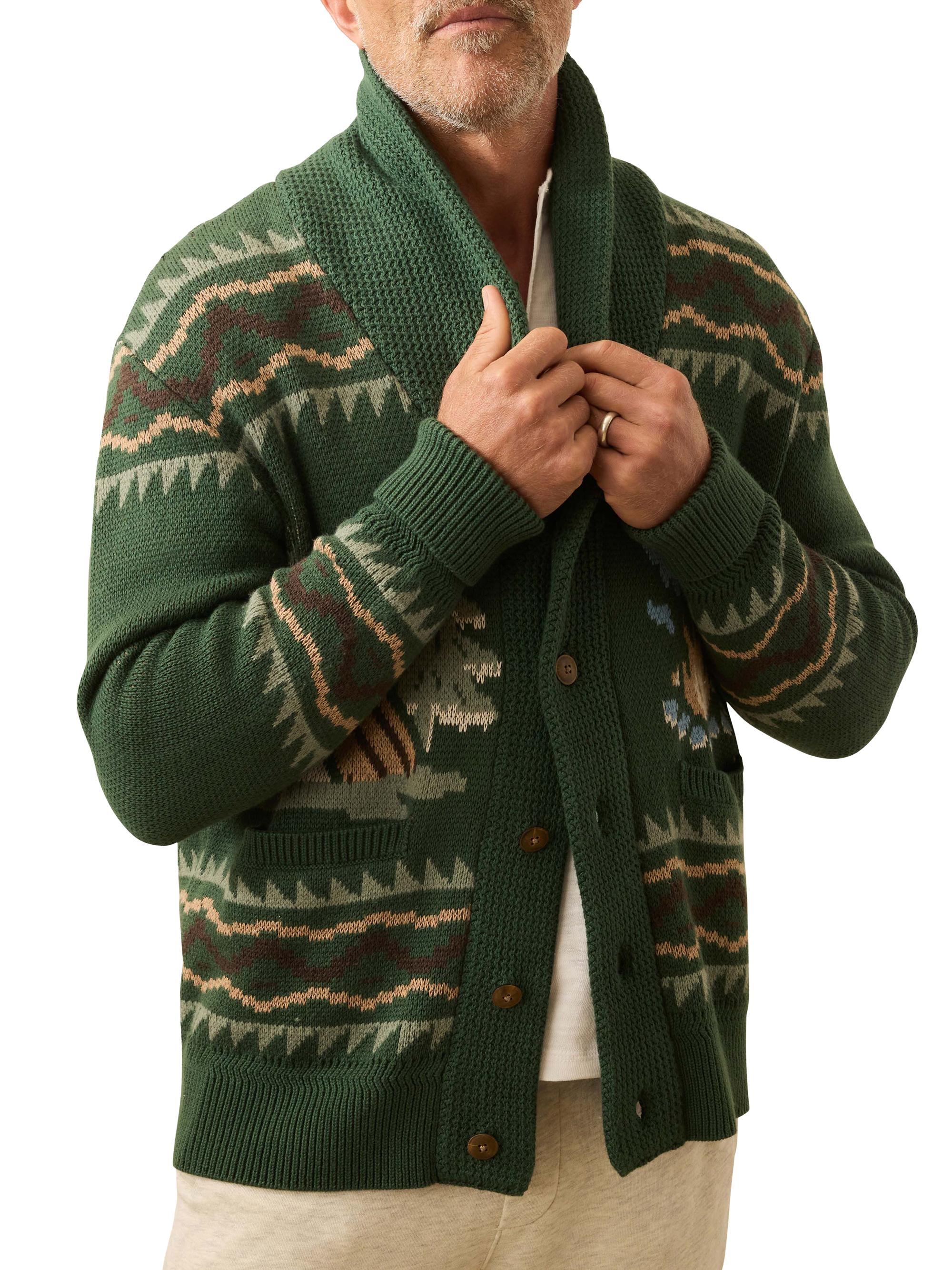 Faherty Brand Men's Camp Colorwork Cotton-Cashmere Cardigan - Forest Lake