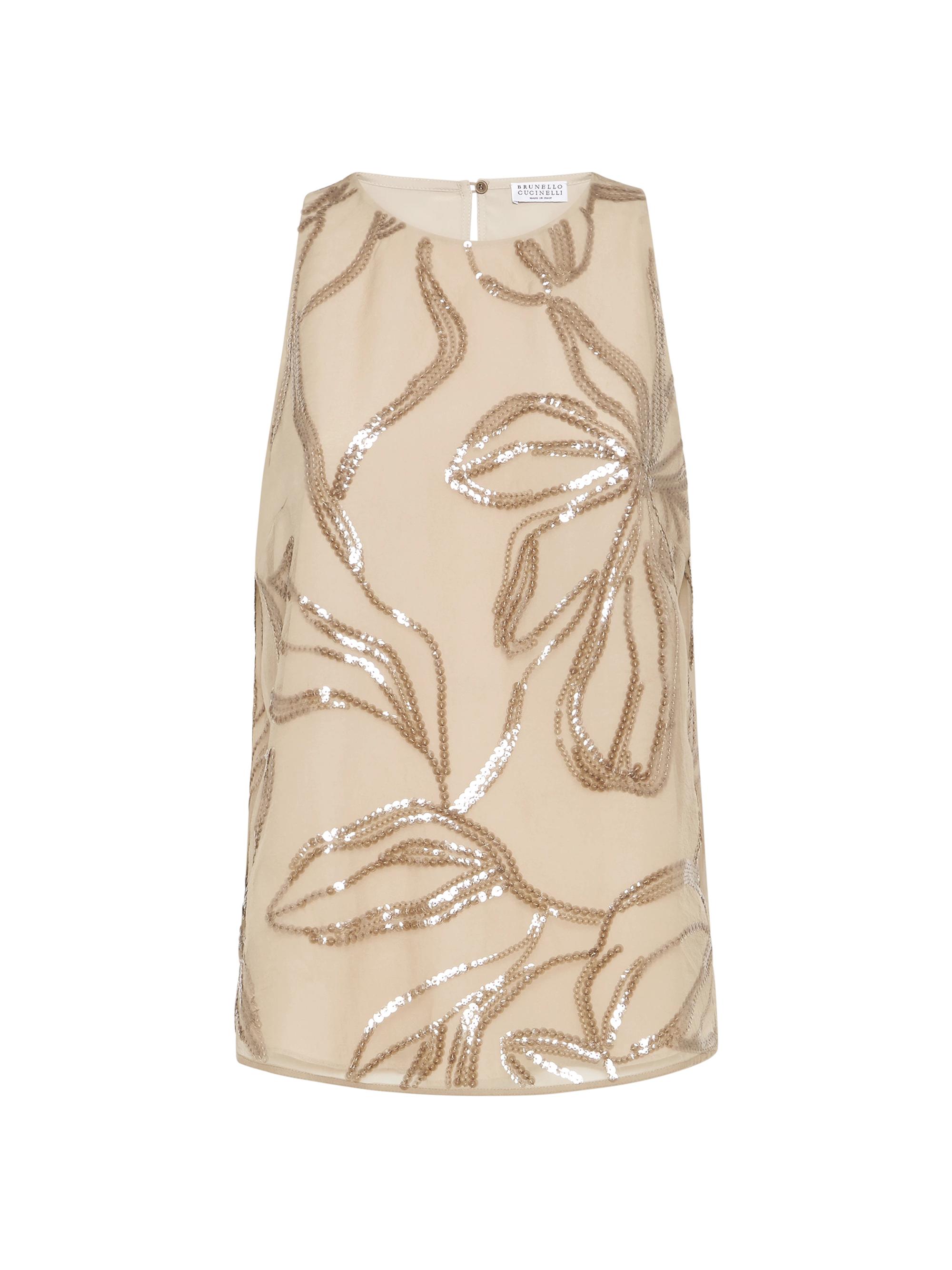 Brunello Cucinelli Women's Crispy Silk Top with Dazzling Floral Embroidery - Camel