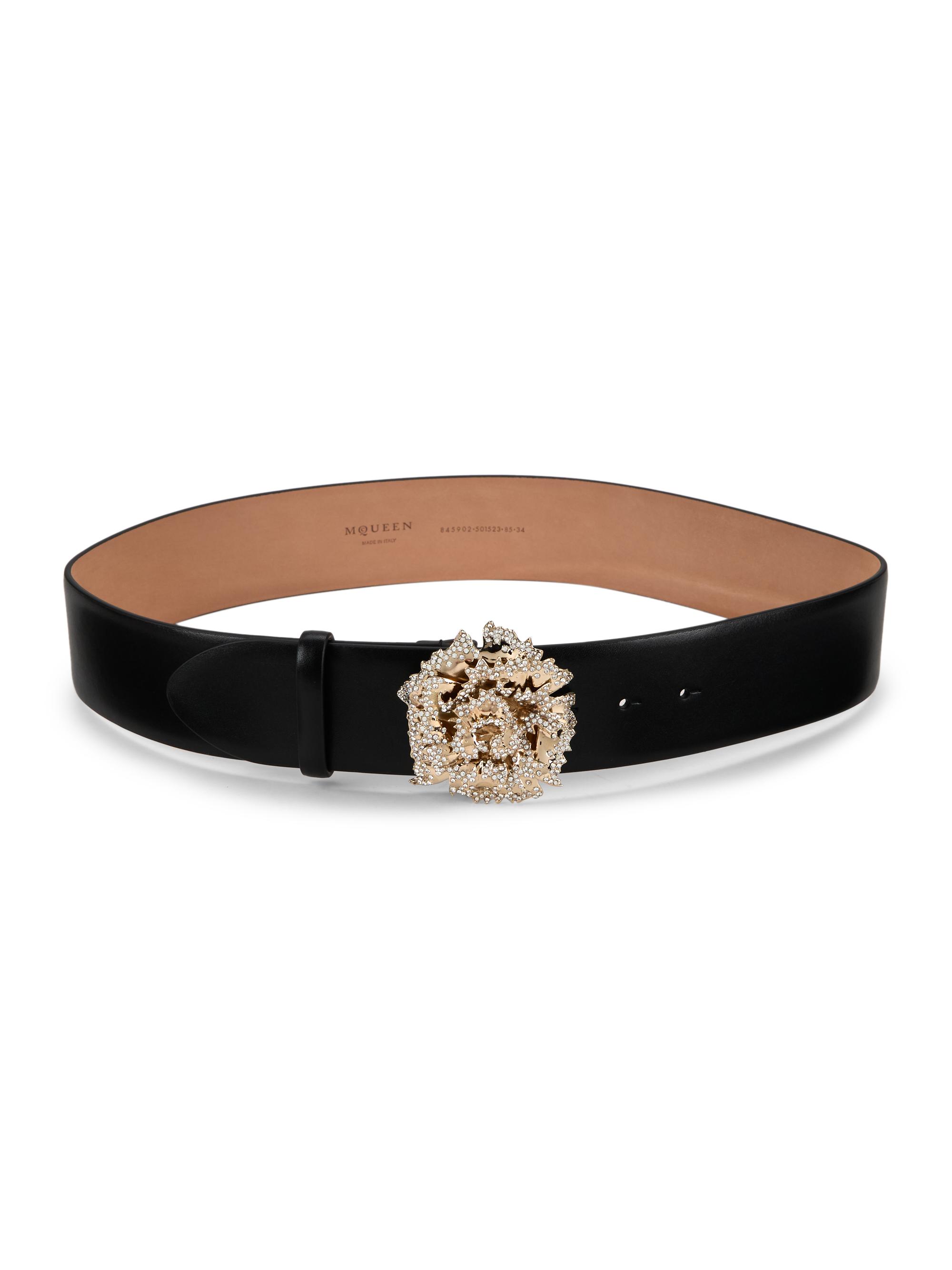 McQueen Women's Crystal-Embellished Leather Belt - Black Gold