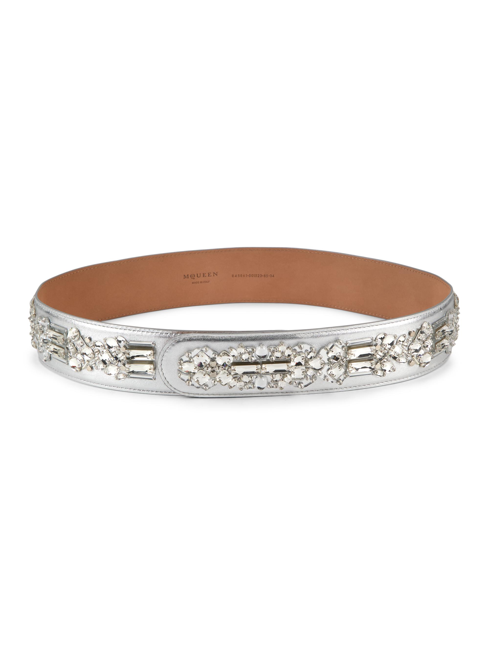 McQueen Women's Mirror Crystal Embroidery Belt - Silver