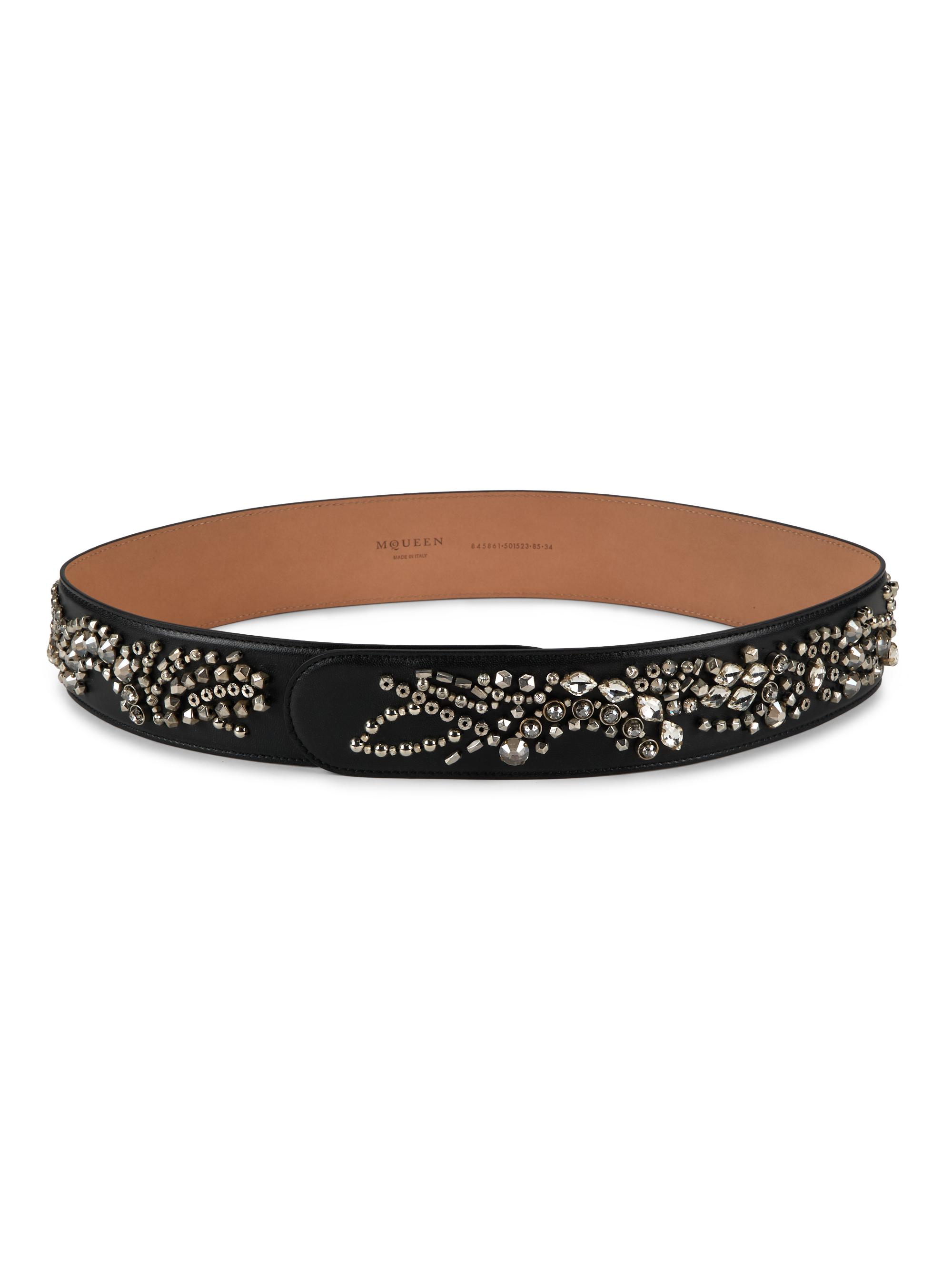 McQueen Women's Sunflower Crystal Embroidery Belt - Black Silver