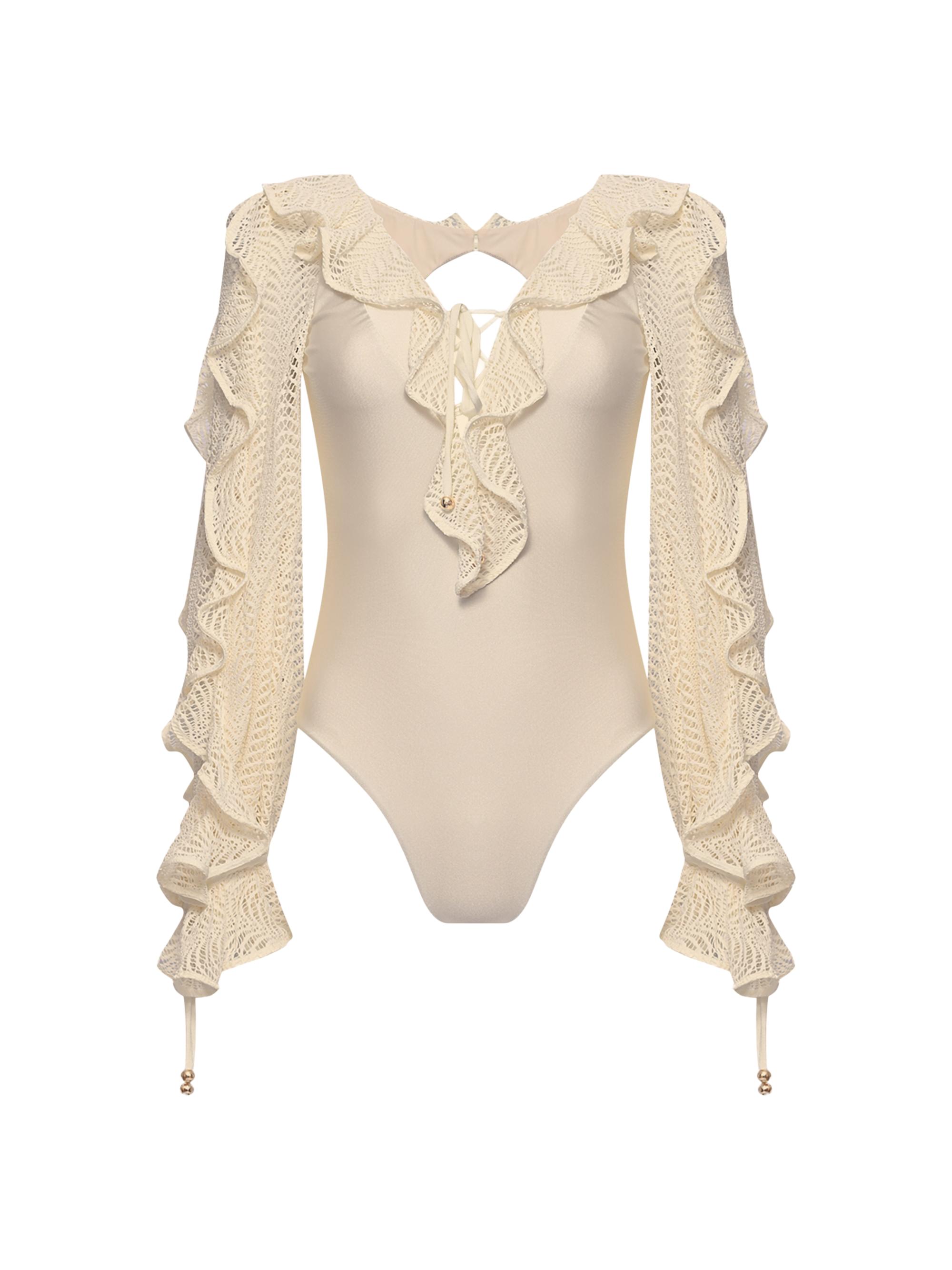 PatBO Women's Jade Plunge Long-Sleeve One-Piece Swimsuit - Off White