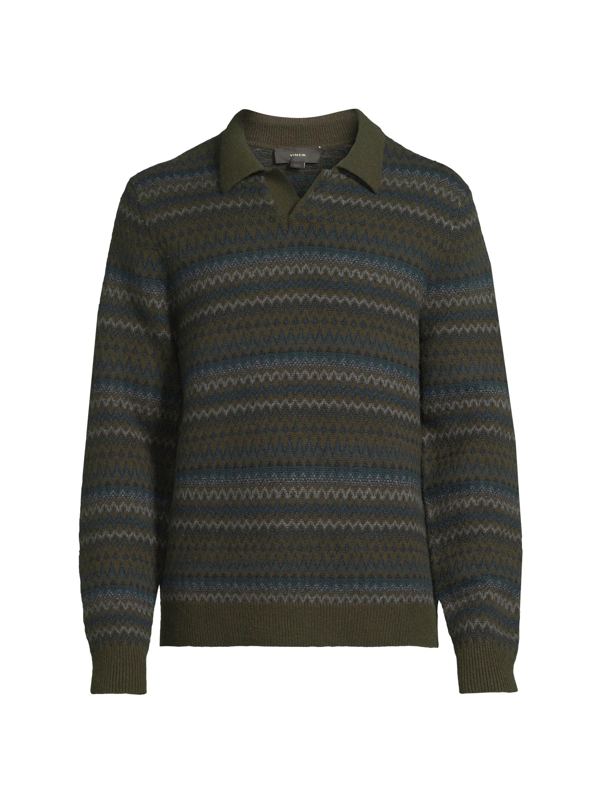 Vince Men's Fair Isle-Inspired Johnny Collar Wool-Cashmere Sweater - Dark Leaf Combo