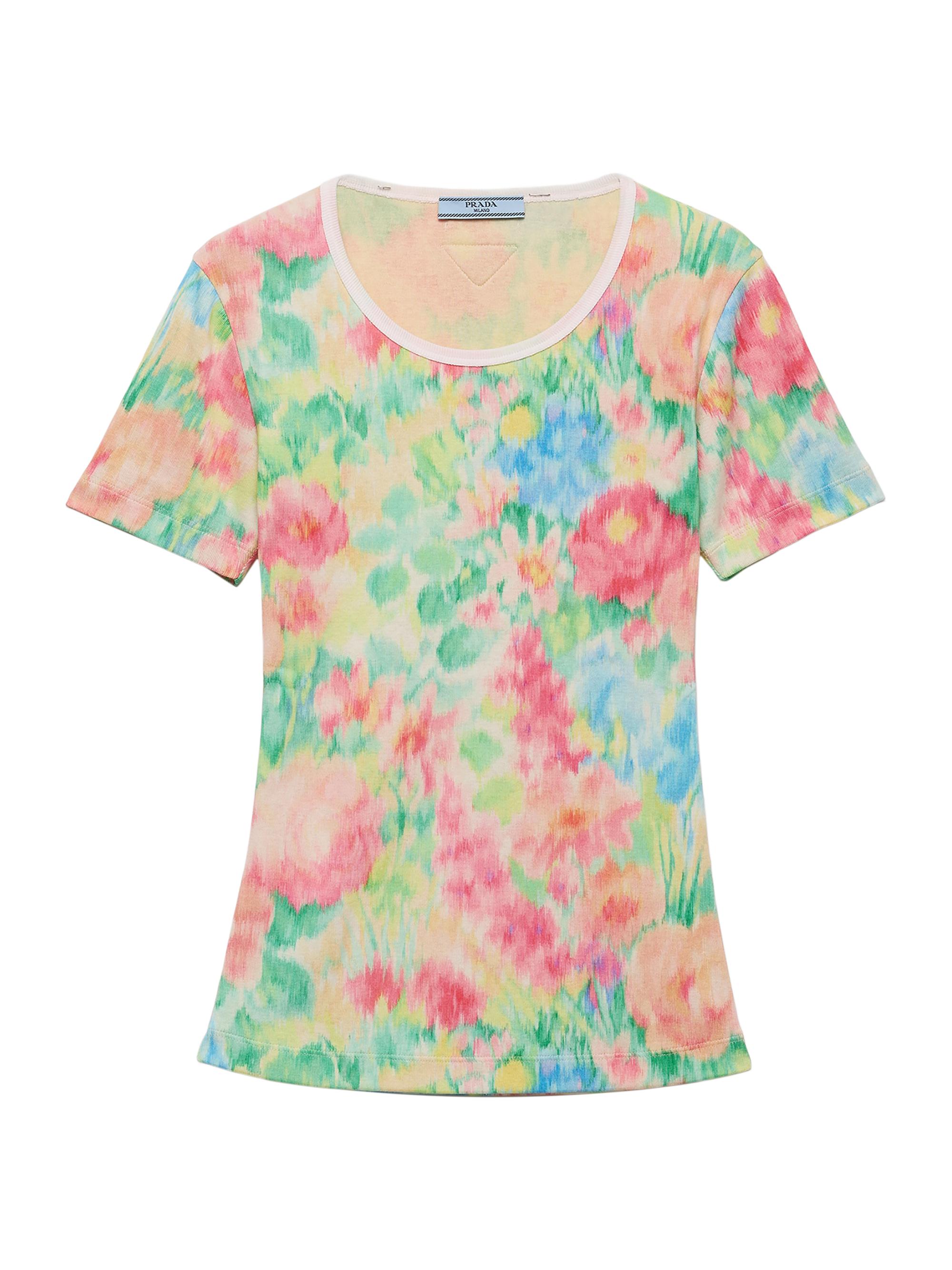 Prada Women's Printed Ribbed Knit Cotton T-Shirt - Green Multi