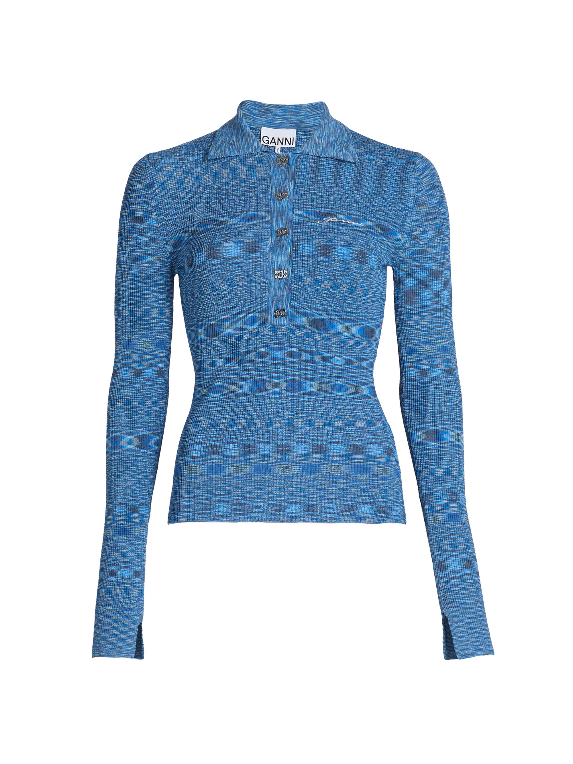 Ganni Women's Spacedyed Polo Sweater - Blissful Blue