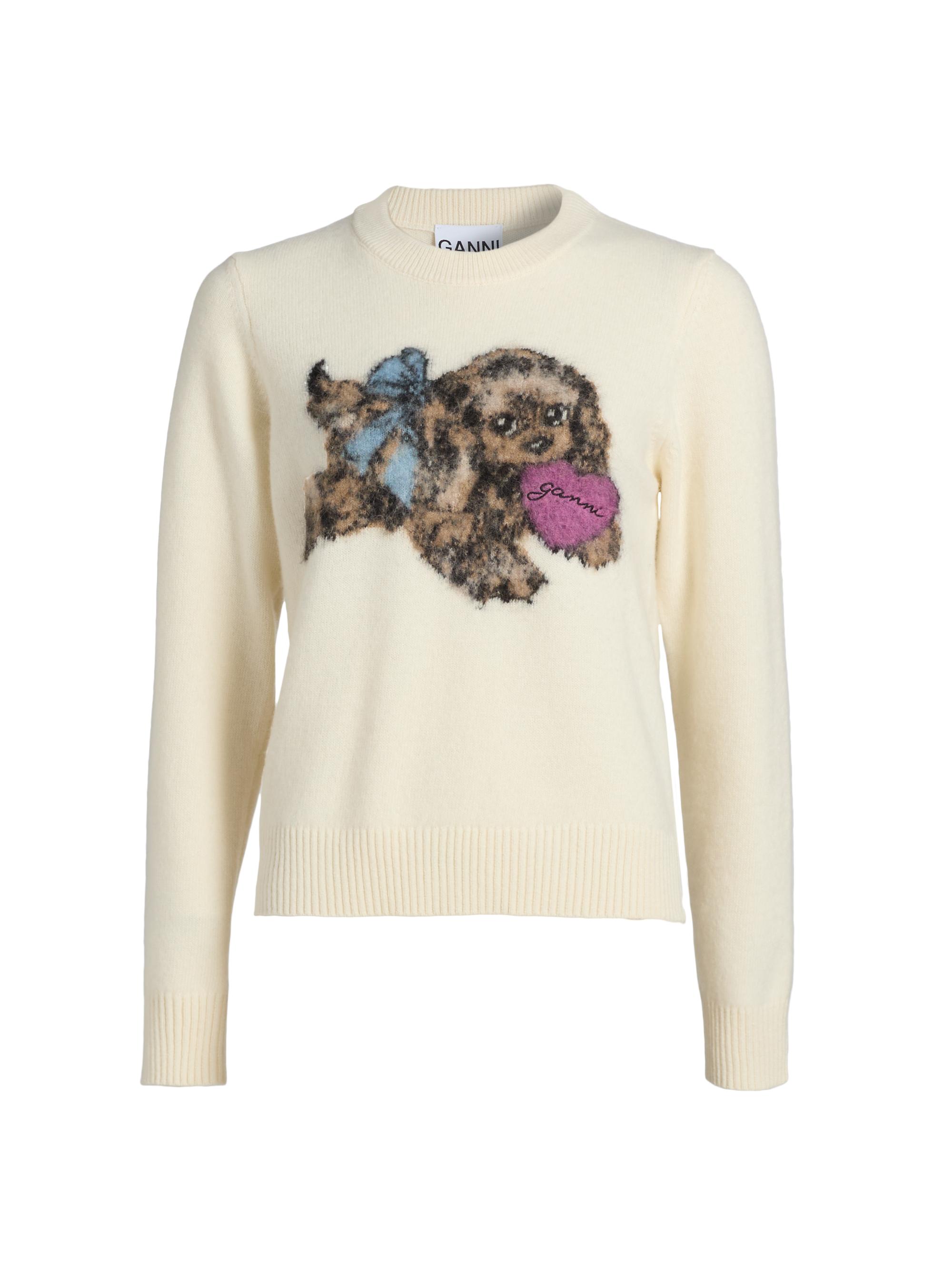 GANNI アイボリー 犬刺繍 セーター Ganni Puppy Love Crewneck Sweater | Saks Fifth Avenue