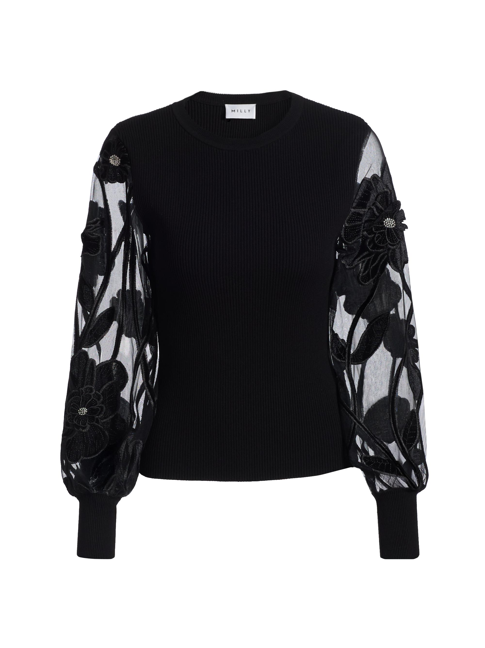 Milly Rosita Lace-Sleeve Rib-Knit Top | Saks Fifth Avenue