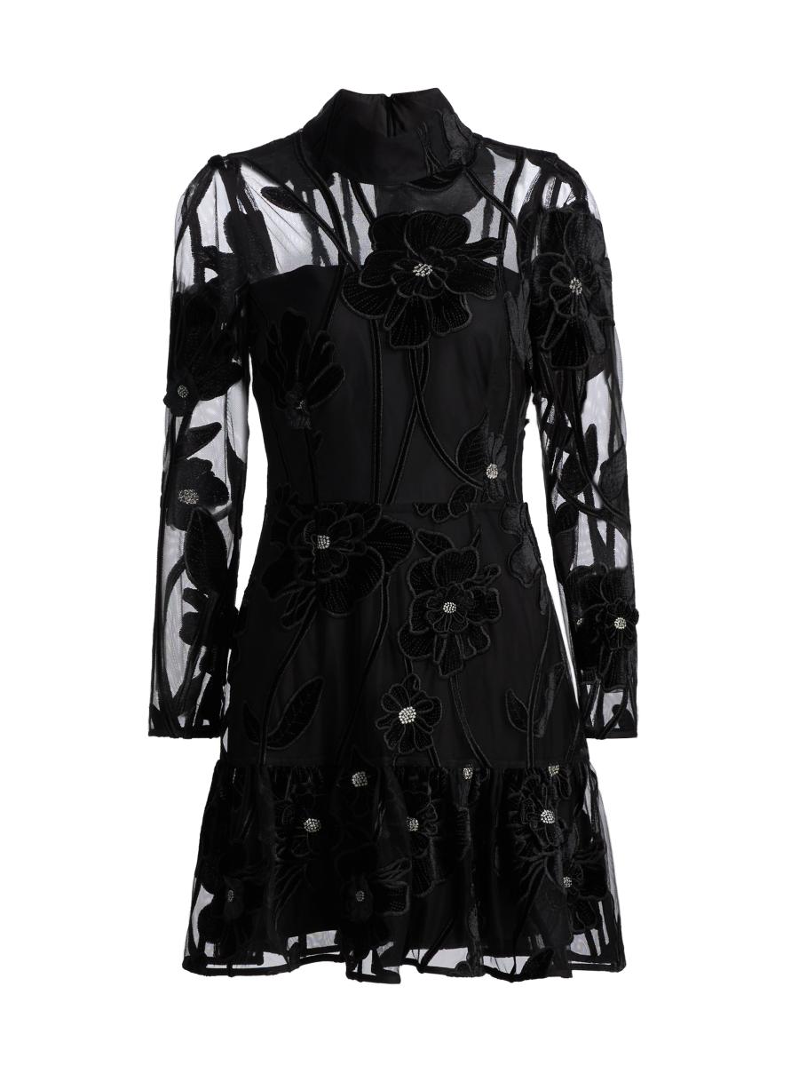 Milly Women's Remington Velvet-floral Semi-sheer Minidress In Black
