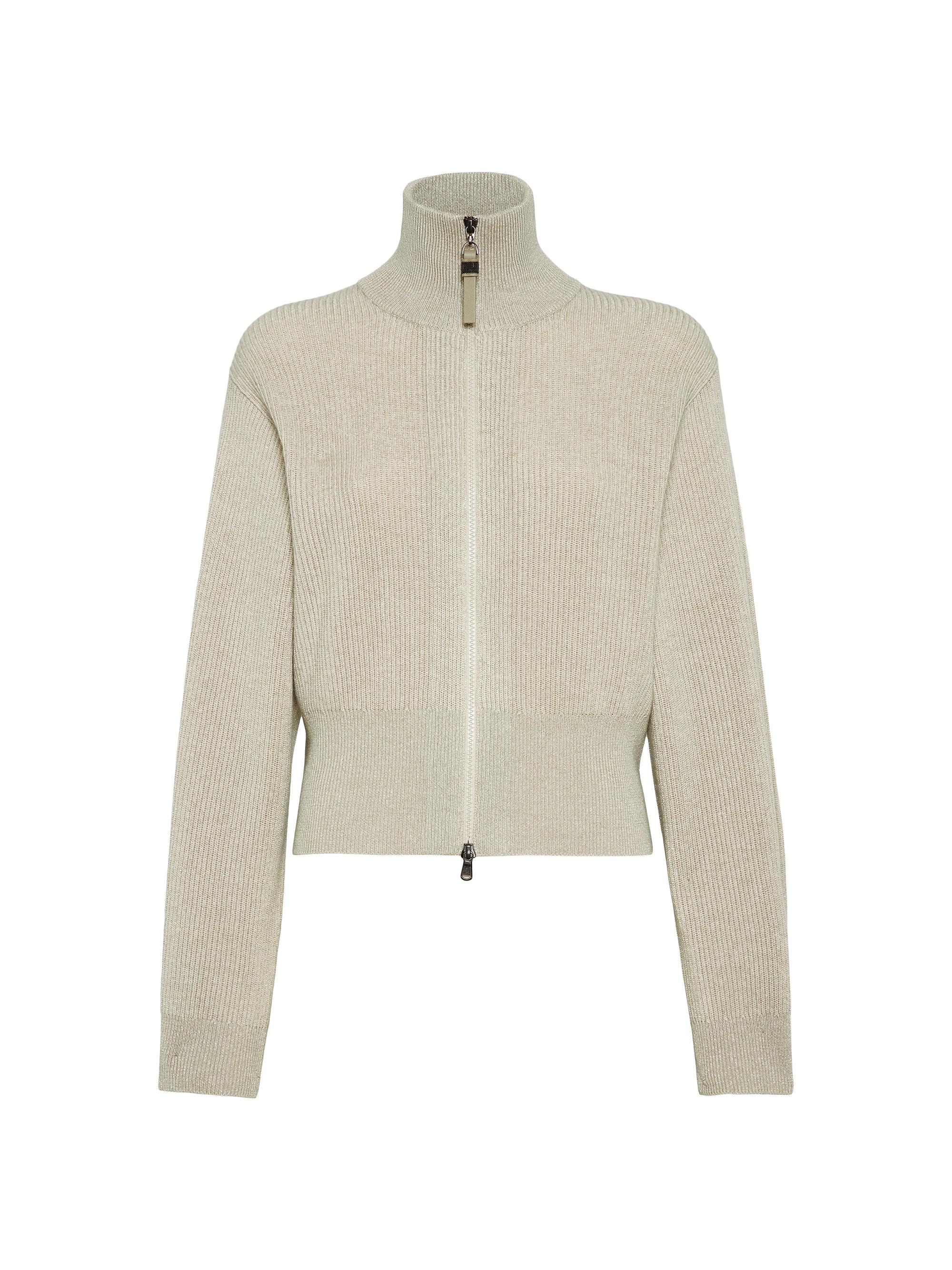 Sparkling Cashmere English Rib Cardigan with Shiny Zipper Pull