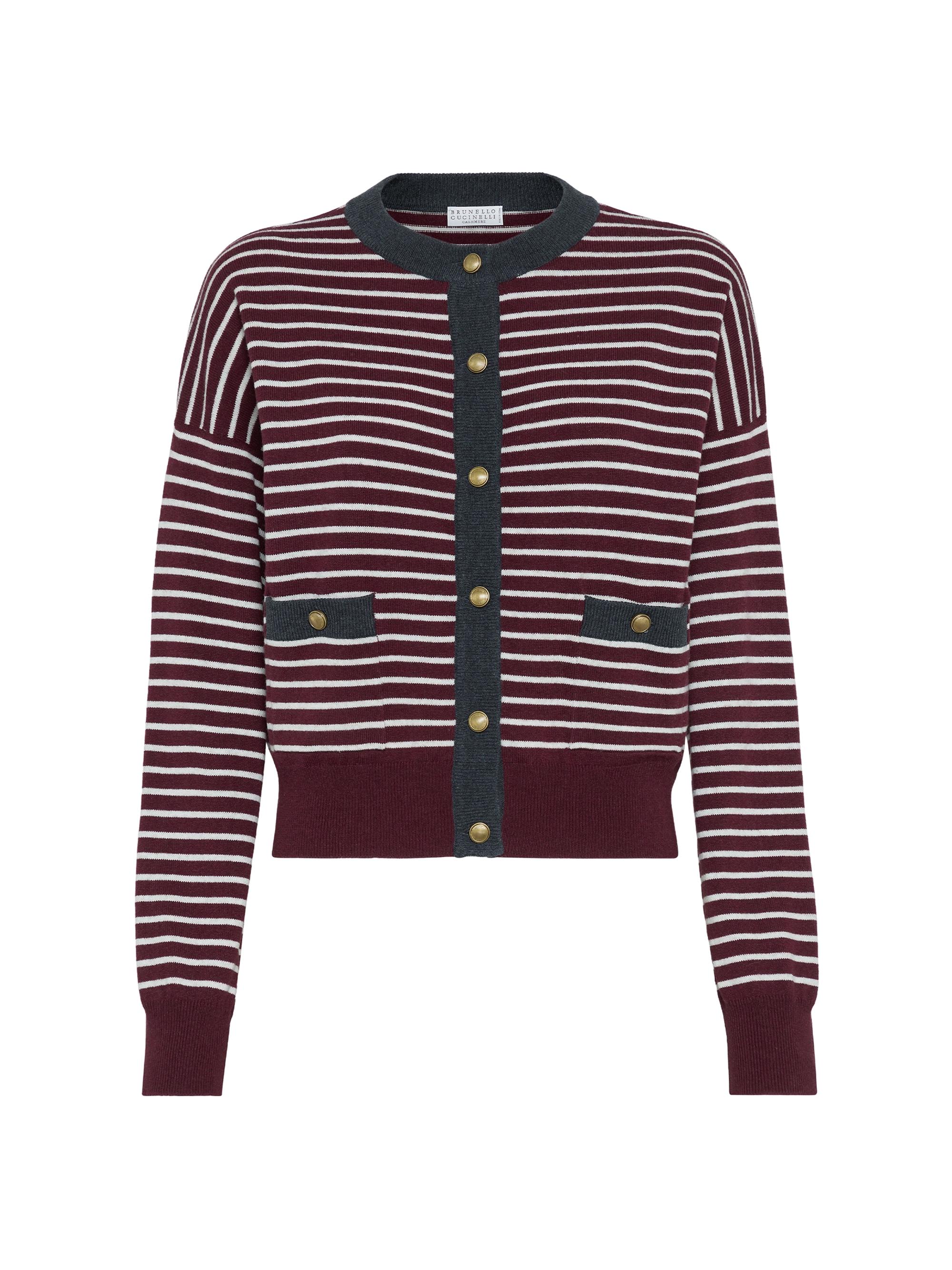 Brunello Cucinelli Women's Virgin Wool Cashmere and Silk Striped Cardigan with Contrast Trims - Amaranth Red