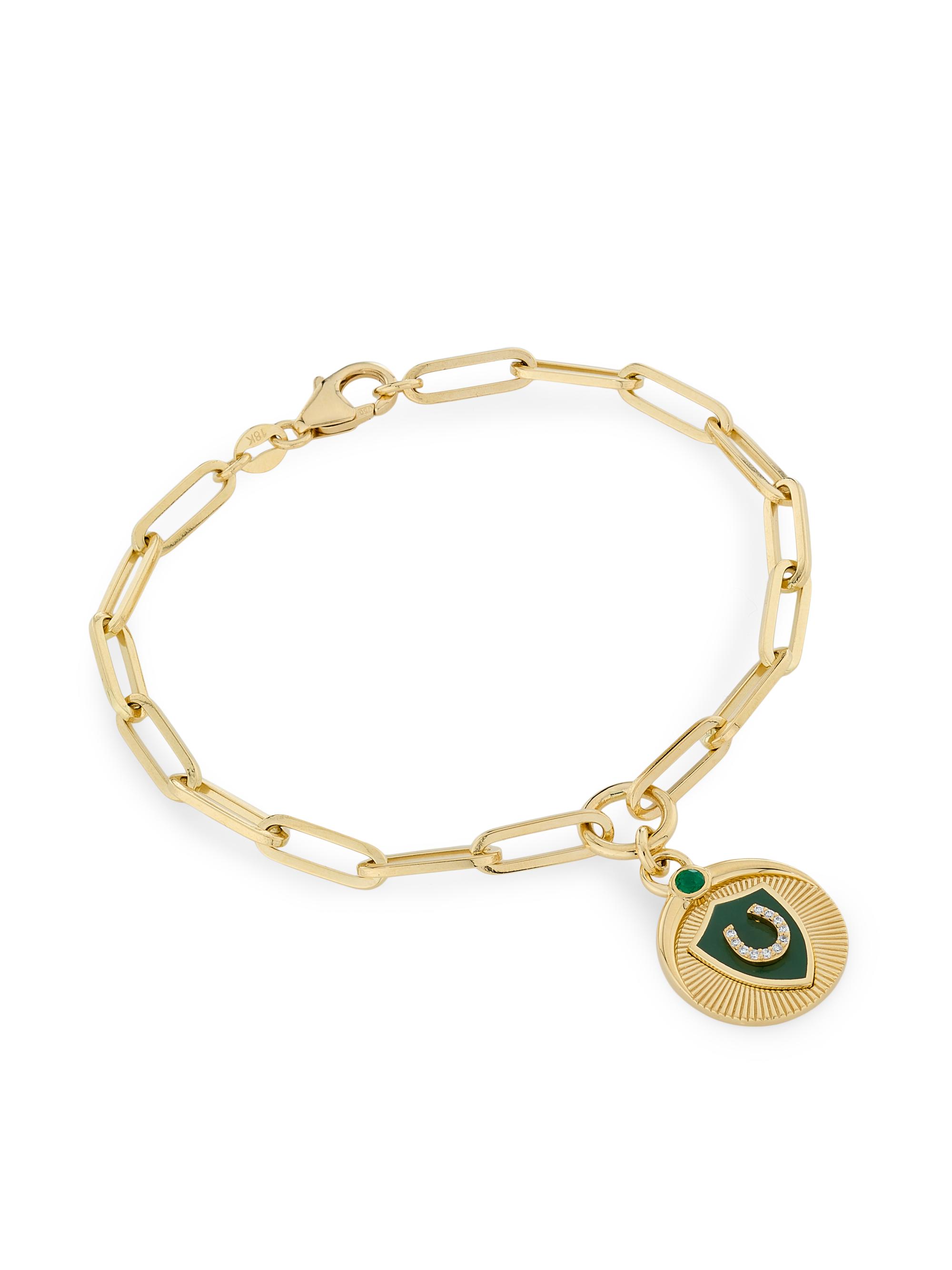 Foundrae Women's Protection 18K Yellow Gold, 0.29 TCW Diamond & Emerald Horseshoe Crest Charm Bracelet - Yellow Gold