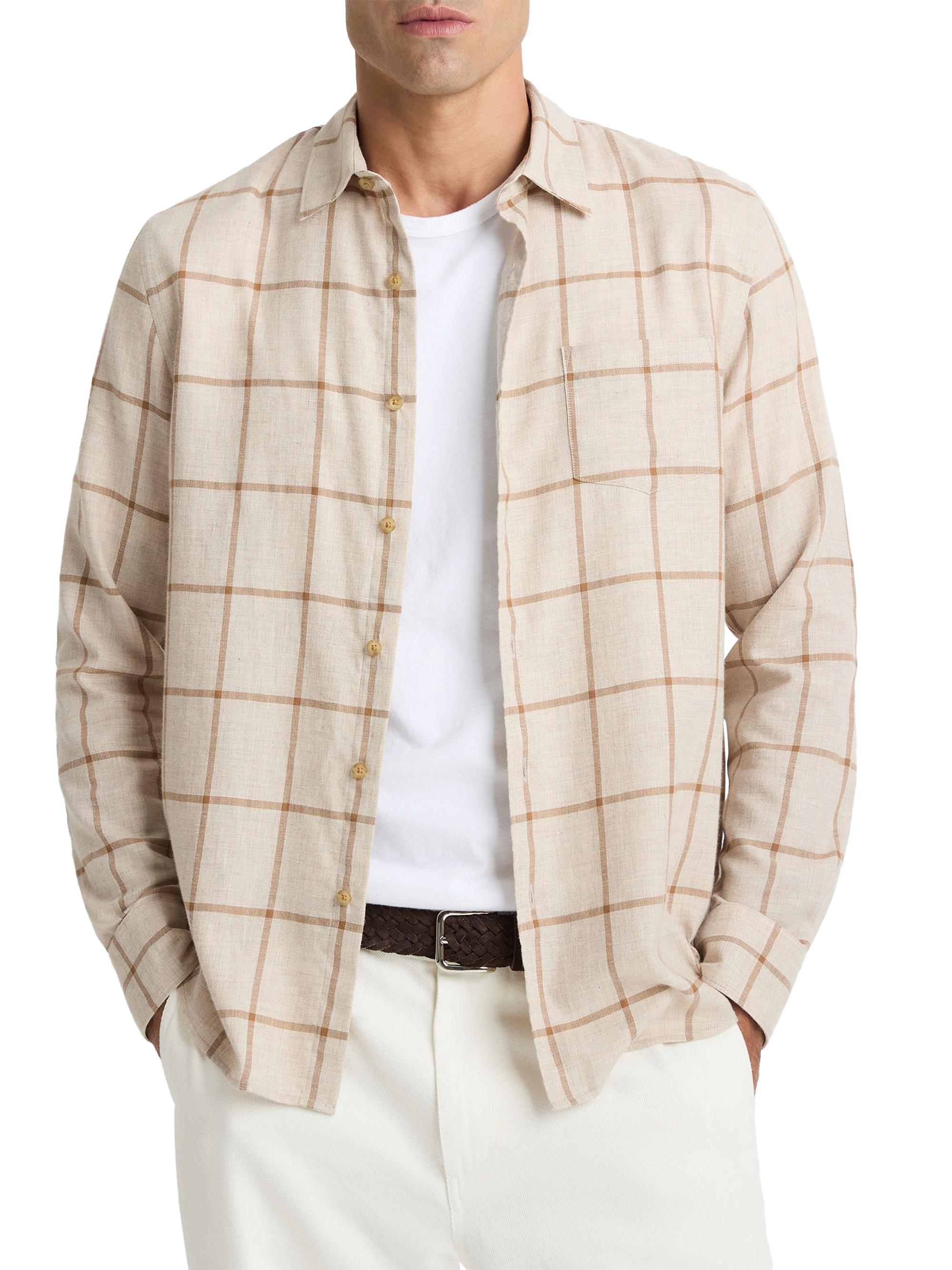 Vince Men's Rookery Plaid Cotton French Placket Shirt - Heather Oatmeal Walnut