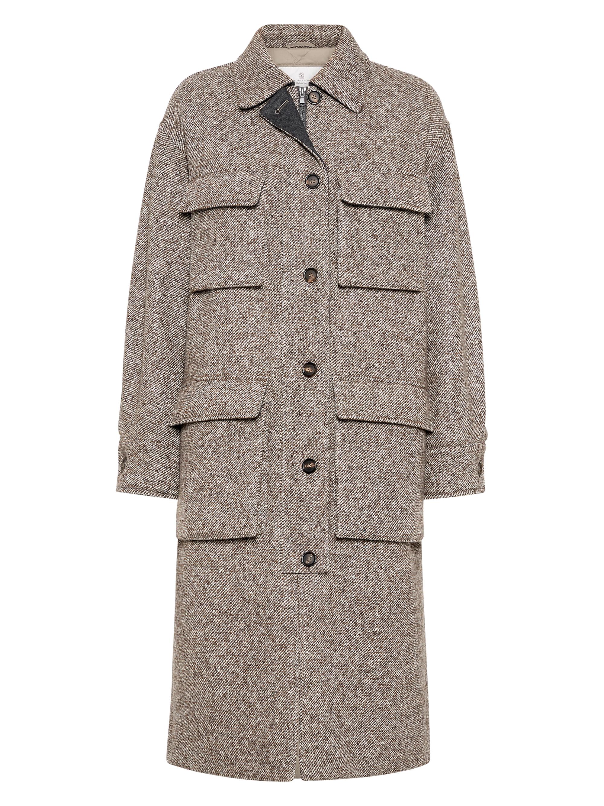 Brunello Cucinelli Women's Virgin Wool and Silk Mélange Diagonal Coat with Thermore Padding and Monili - Light Brown