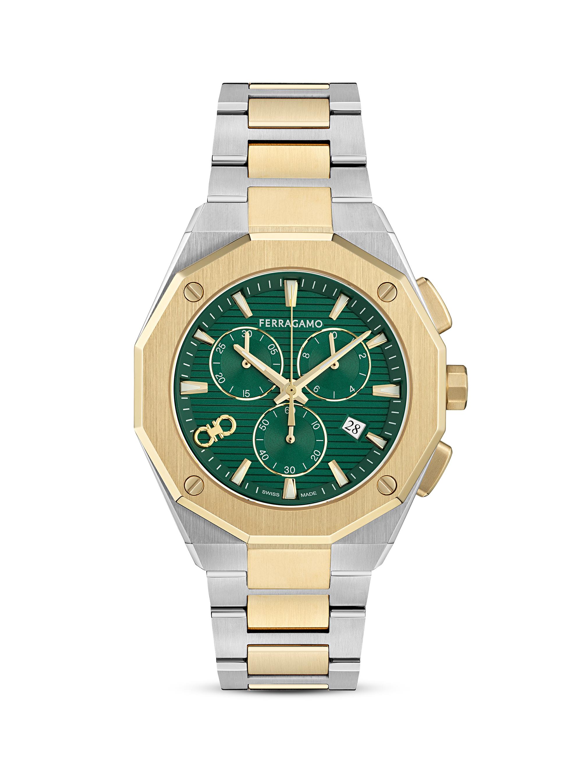 FERRAGAMO Men's Gancini Goldtone & Silvertone Ion-Plated Stainless Steel Bracelet Watch/42MM - Two Tone Green Dial