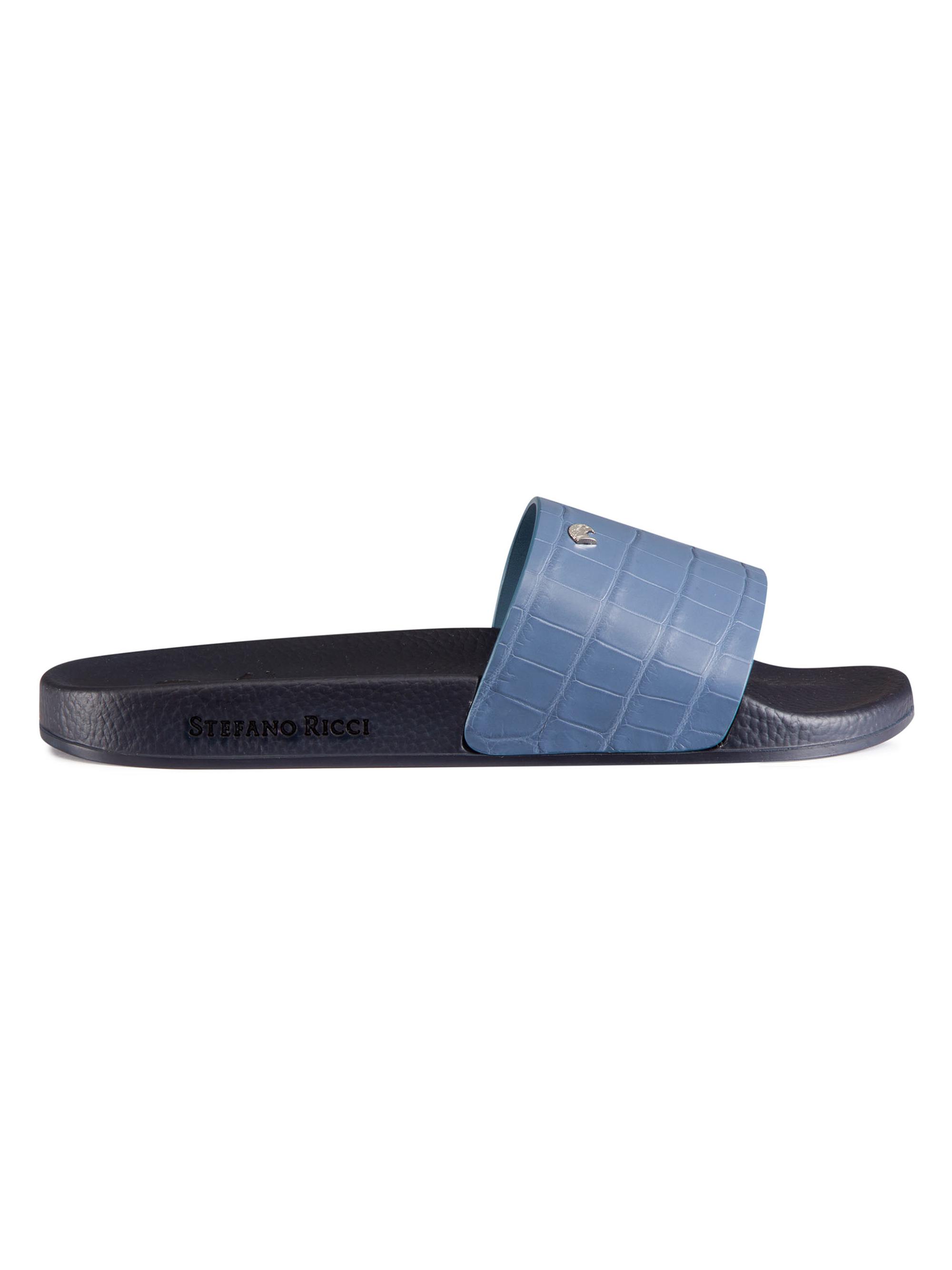 Stefano Ricci Men's Matted Crocodile Leather Slides - Blue Black