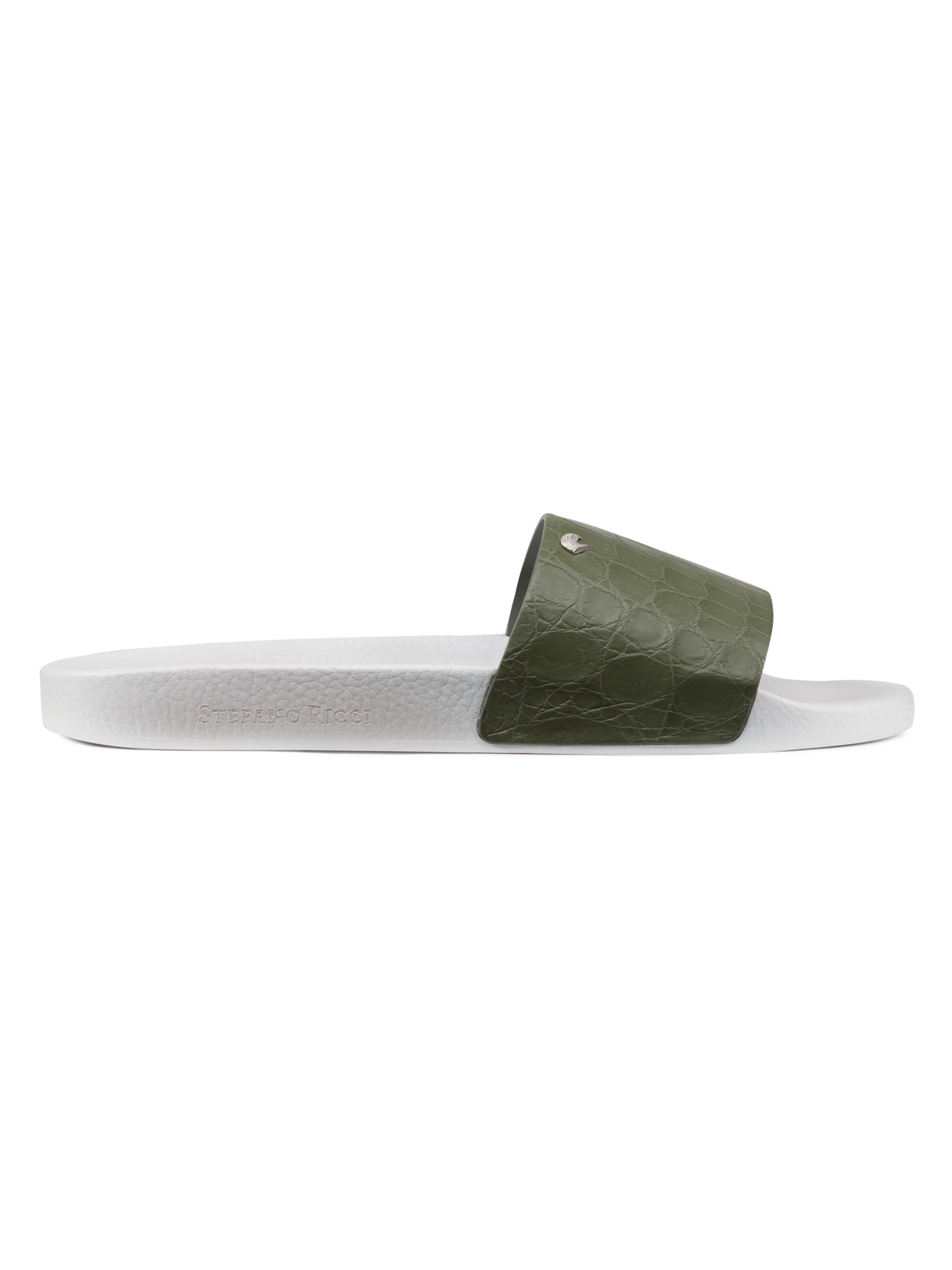Stefano Ricci Men's Matted Crocodile Leather Slides - Green White
