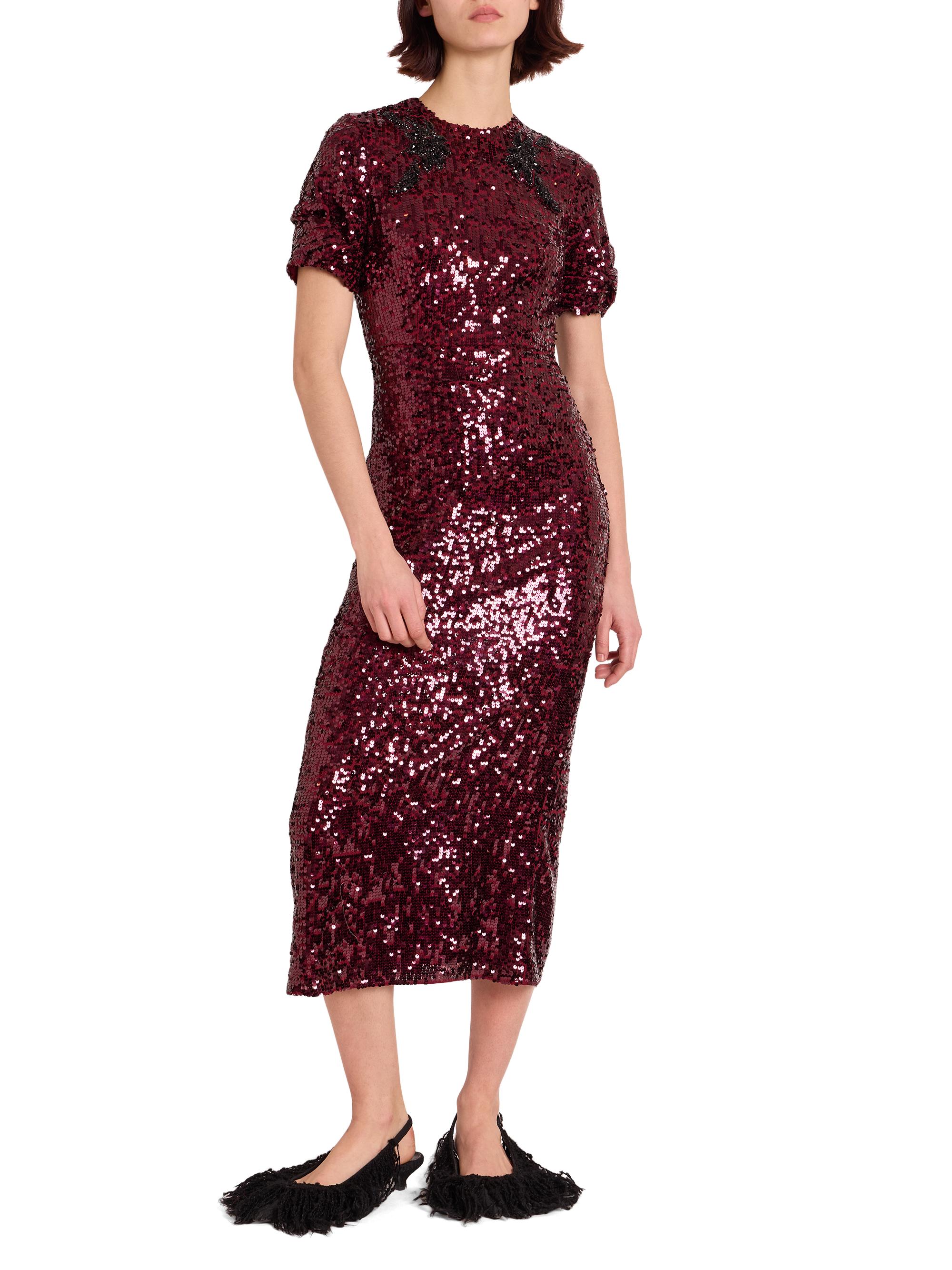 Erdem Twisted Short-Sleeve Sequined Midi Dress, Mulberry R, Women's, 8, Cocktail & Party Wedding Guest Dresses Short-Sleeve Dresses