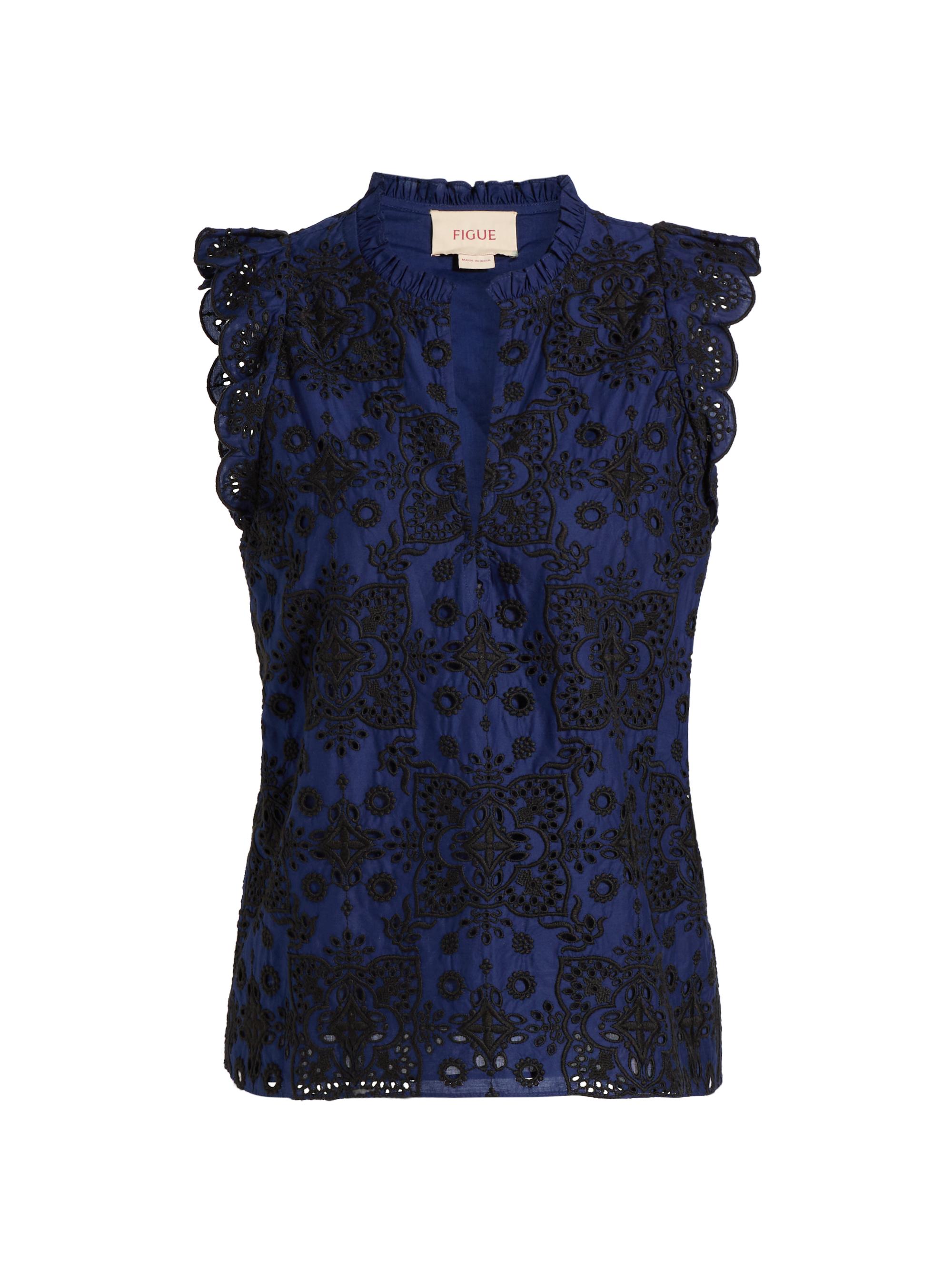 Figue Women's Maris Embroidered Cotton Top - True Navy
