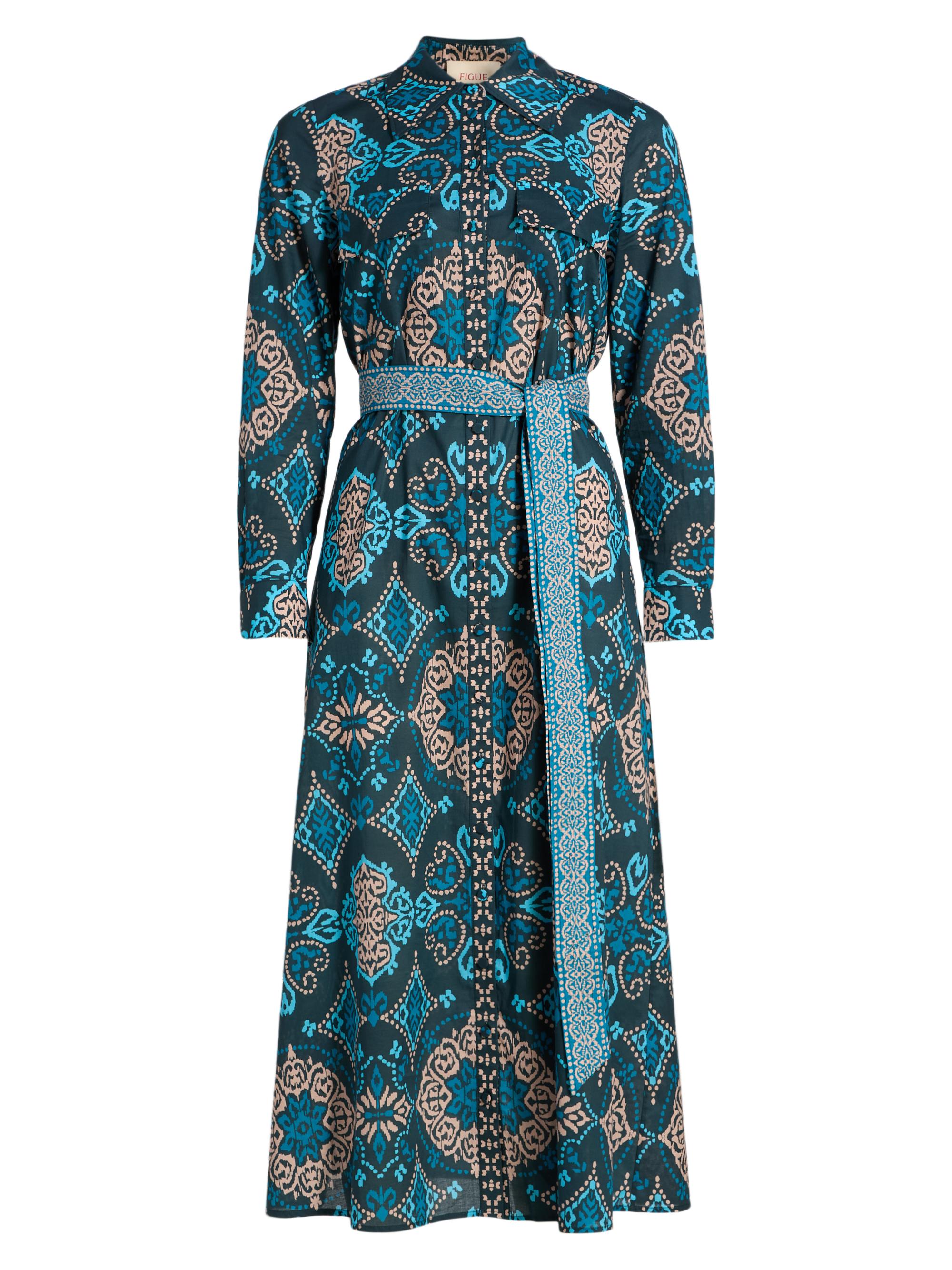 Figue Women's Bassa Medallion Cotton Midi-Shirtdress - Medallion Bands Peacock Blue