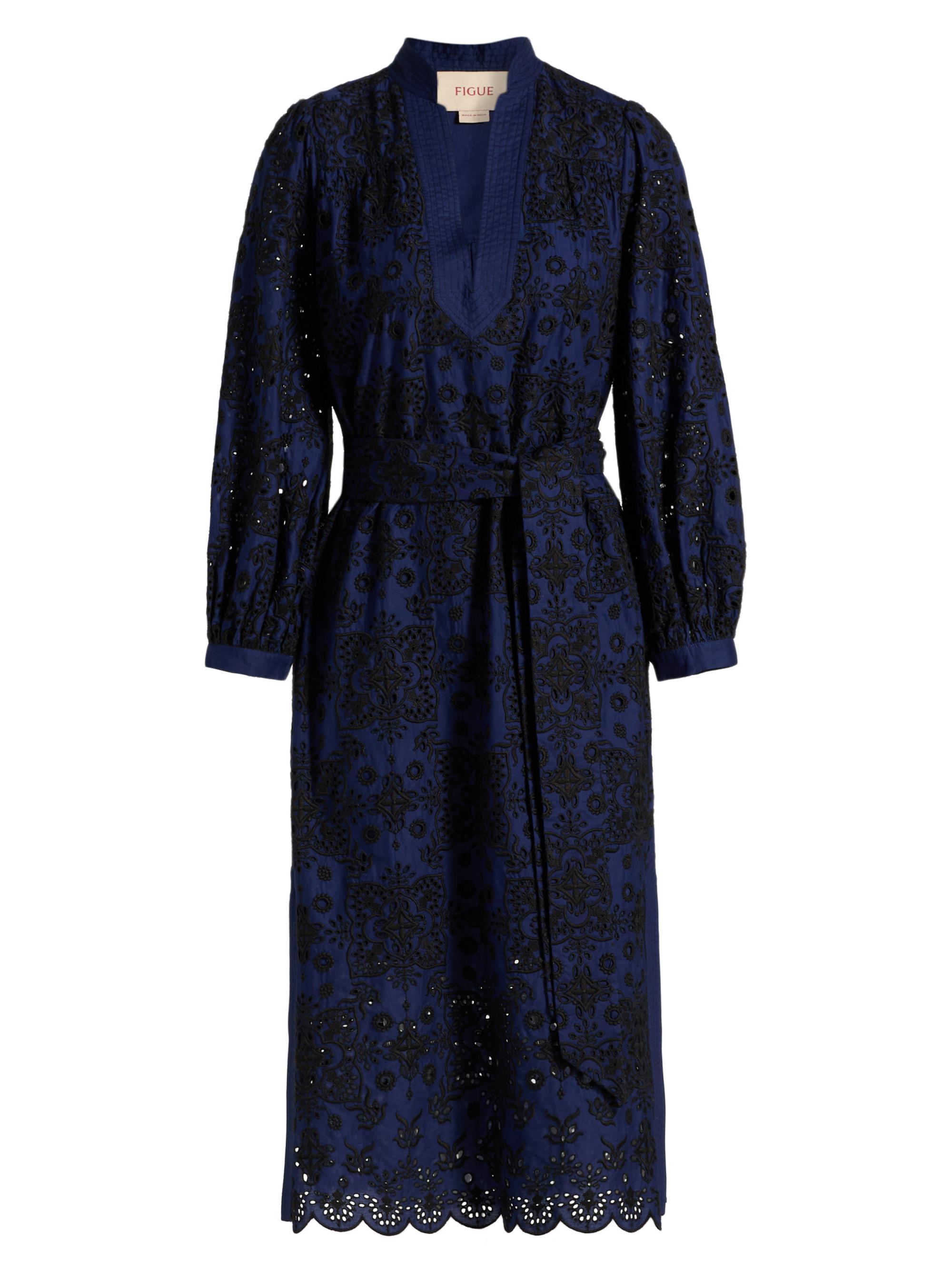 Figue Women's Clove Embroidered Belted Midi-Dress - True Navy
