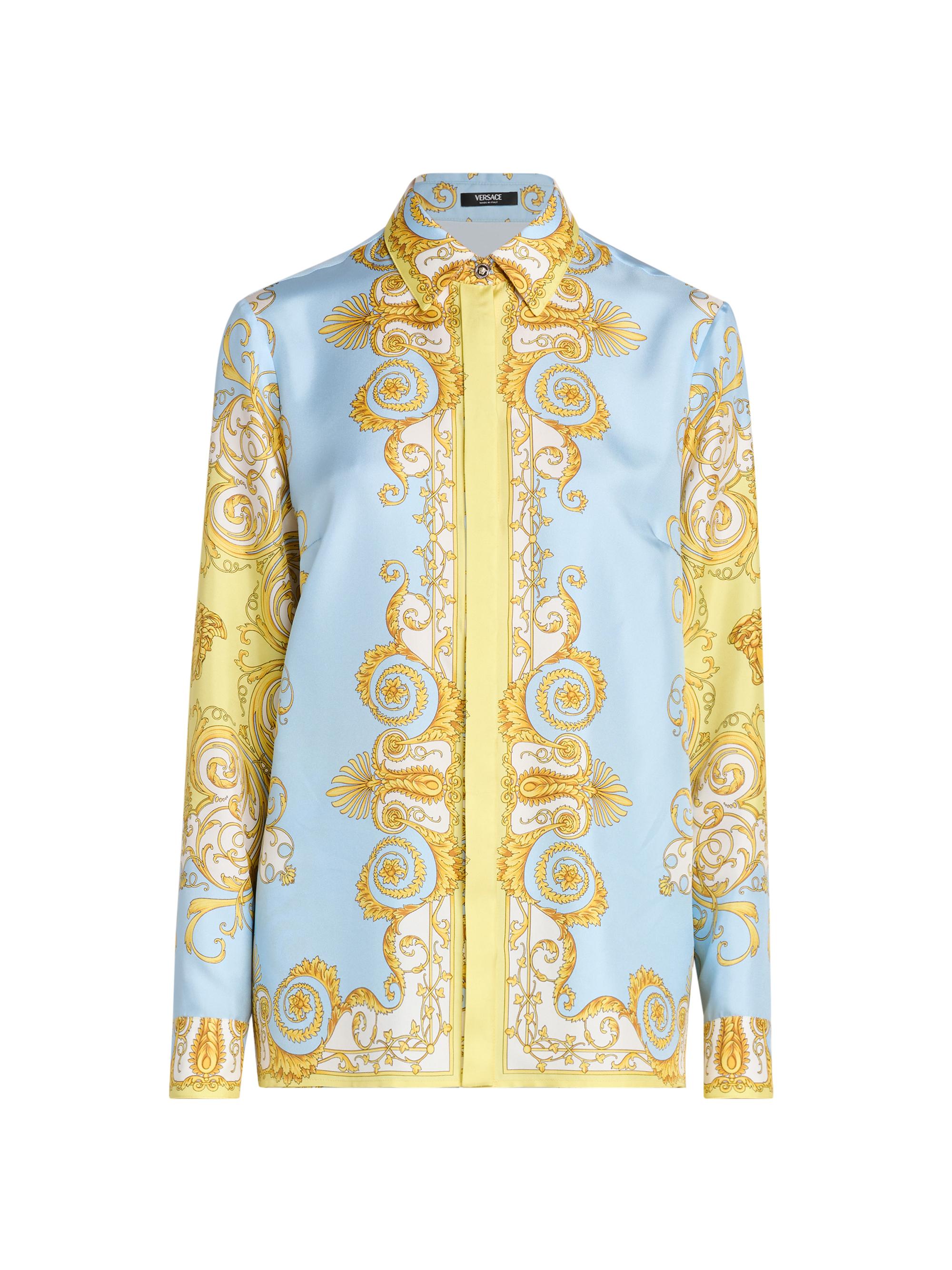 Versace Women's Barocco Foulard Silk Twill Shirt - Pale Yellow Pastel Blue
