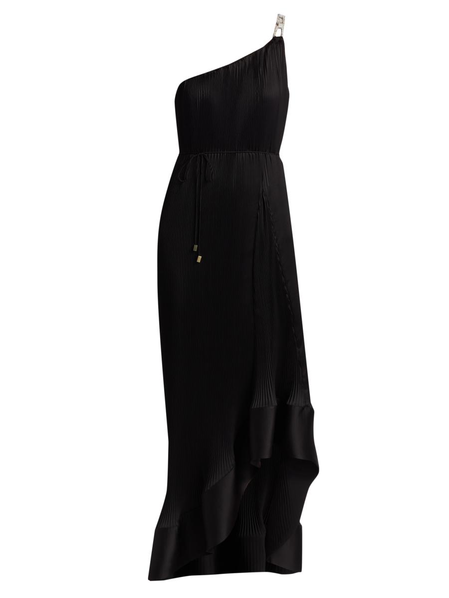 Milly Women's Mariah Embellished-strap Pleated Satin Maxi Dress In Black